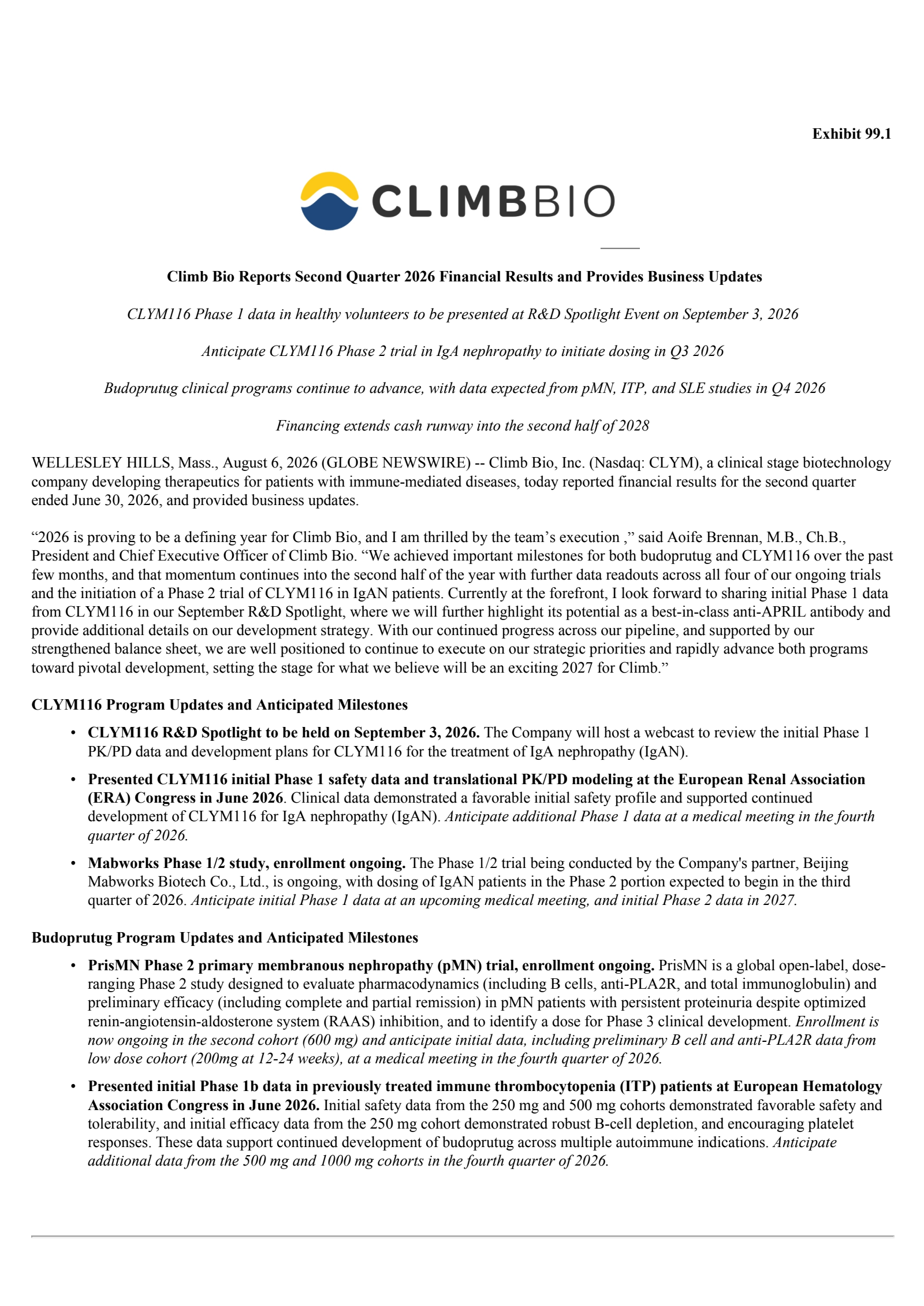 Climb Bio's Q2 2026 Press Release