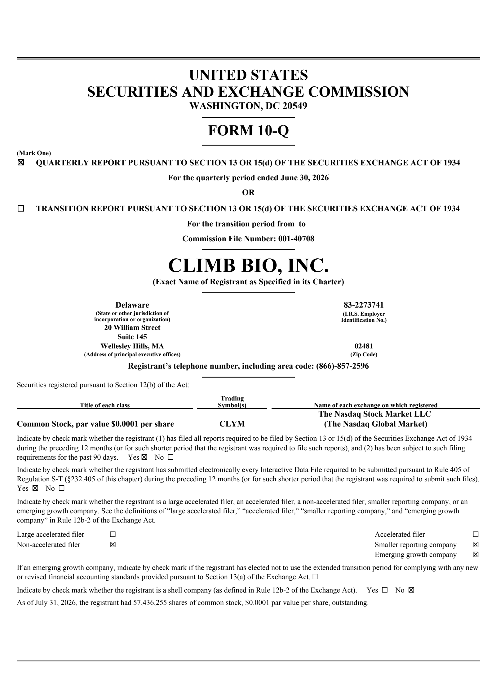 Climb Bio's Q2 2026 Quarterly report