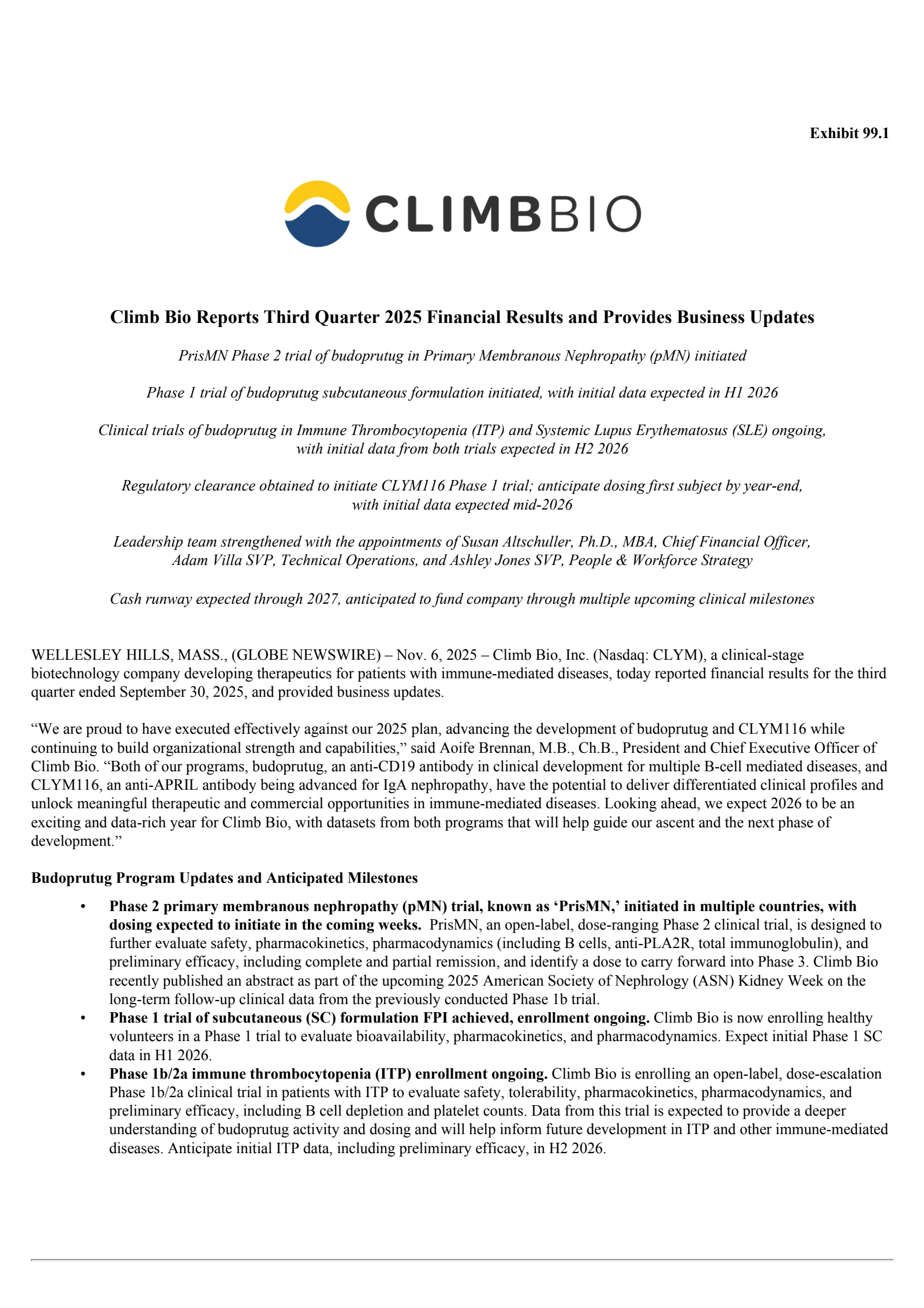 Climb Bio's Q3 2025 Earnings Release