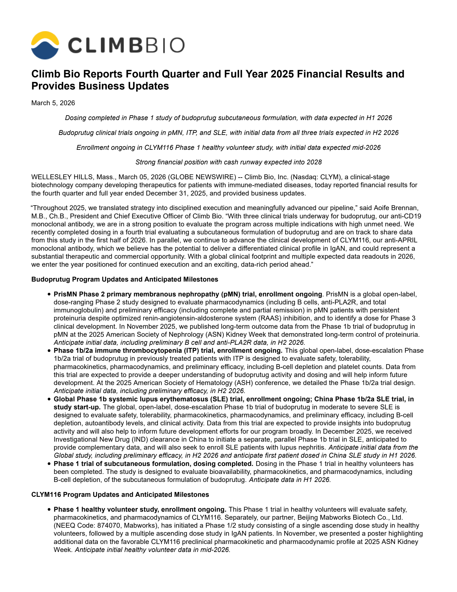 Climb Bio's Q4 2025 Press Release