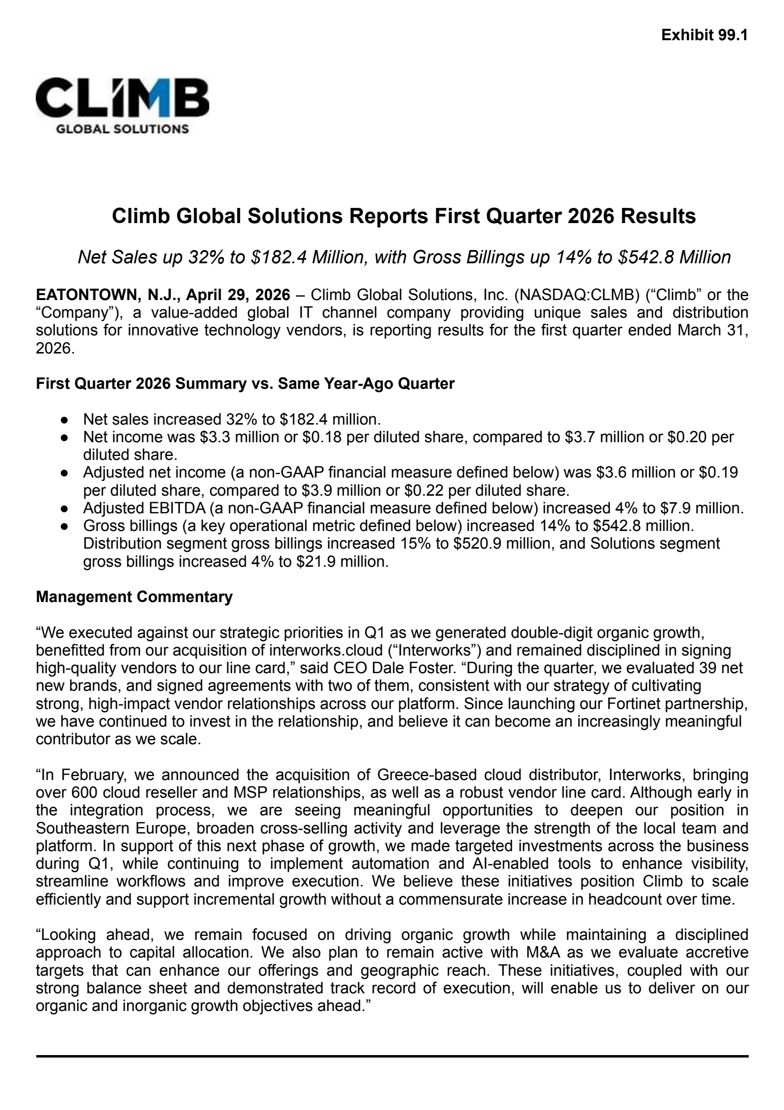 Climb Global Solutions' Q1 2026 Press Release