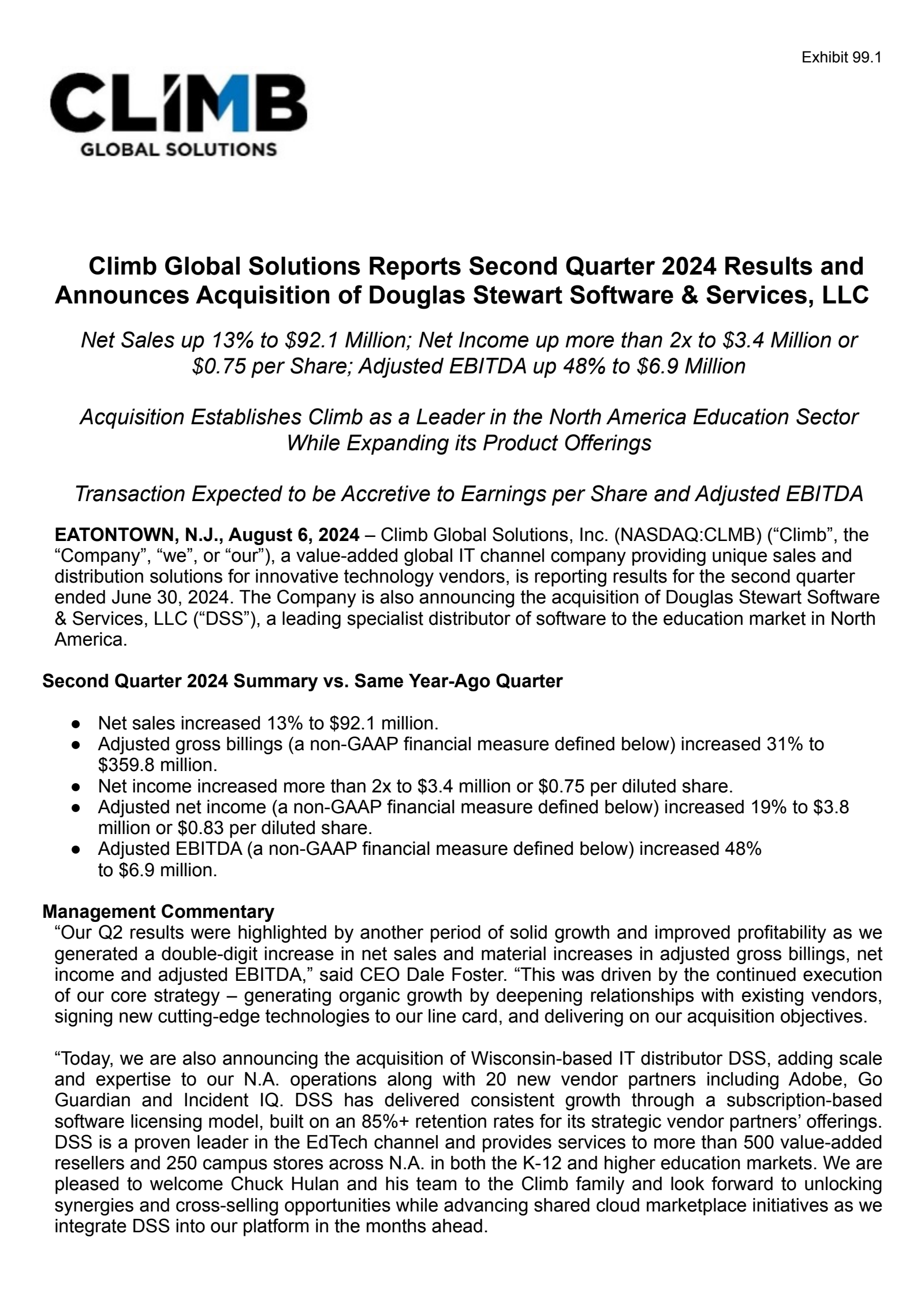 Climb Global Solutions' Q2 2024 Press Release