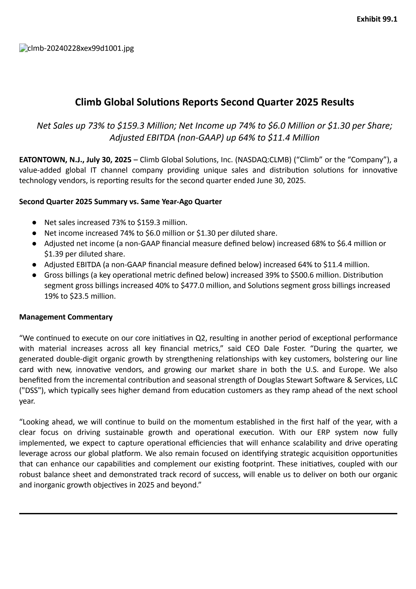 Climb Global Solutions' Q2 2025 Press Release