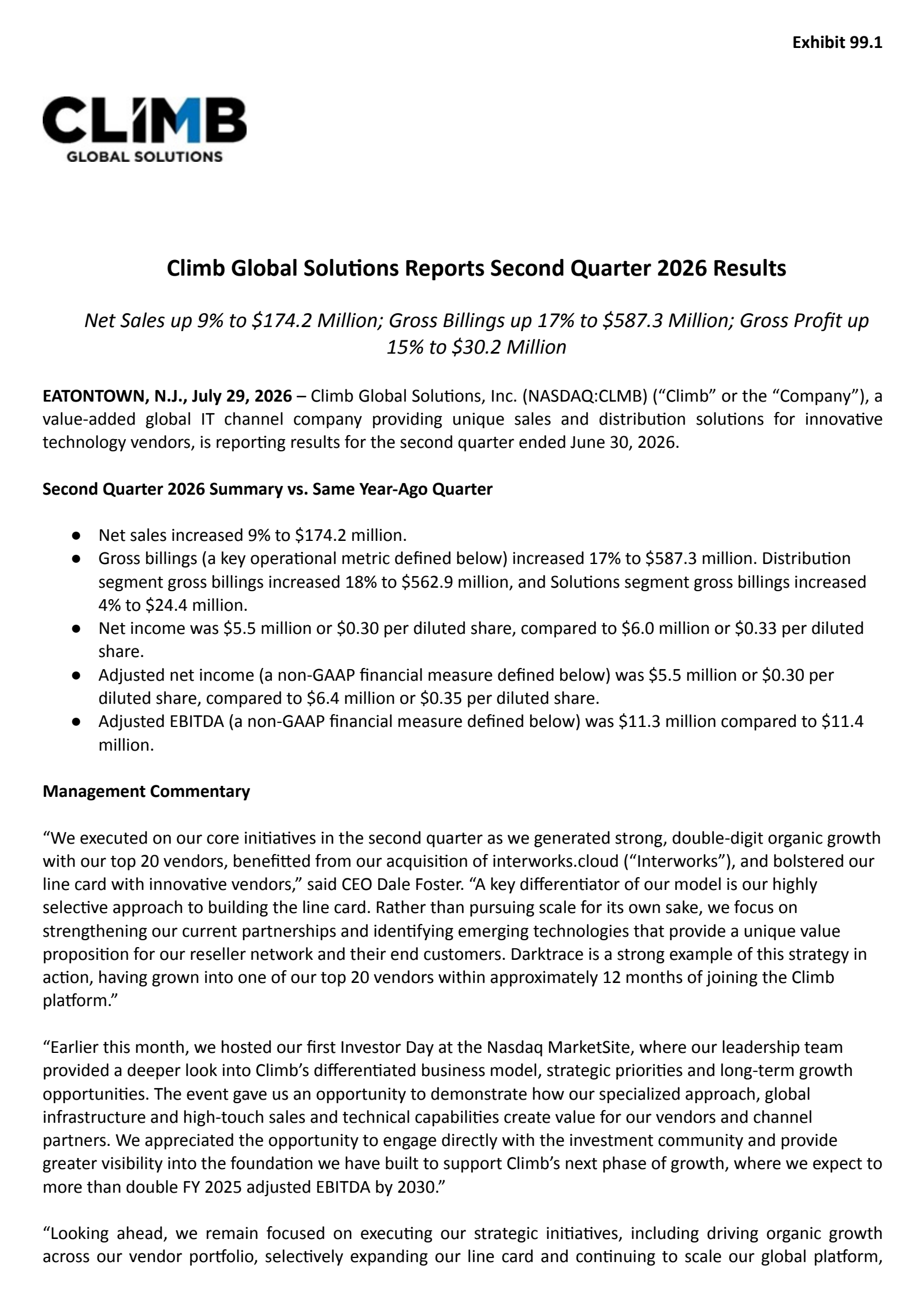 Climb Global Solutions' Q2 2026 Press Release
