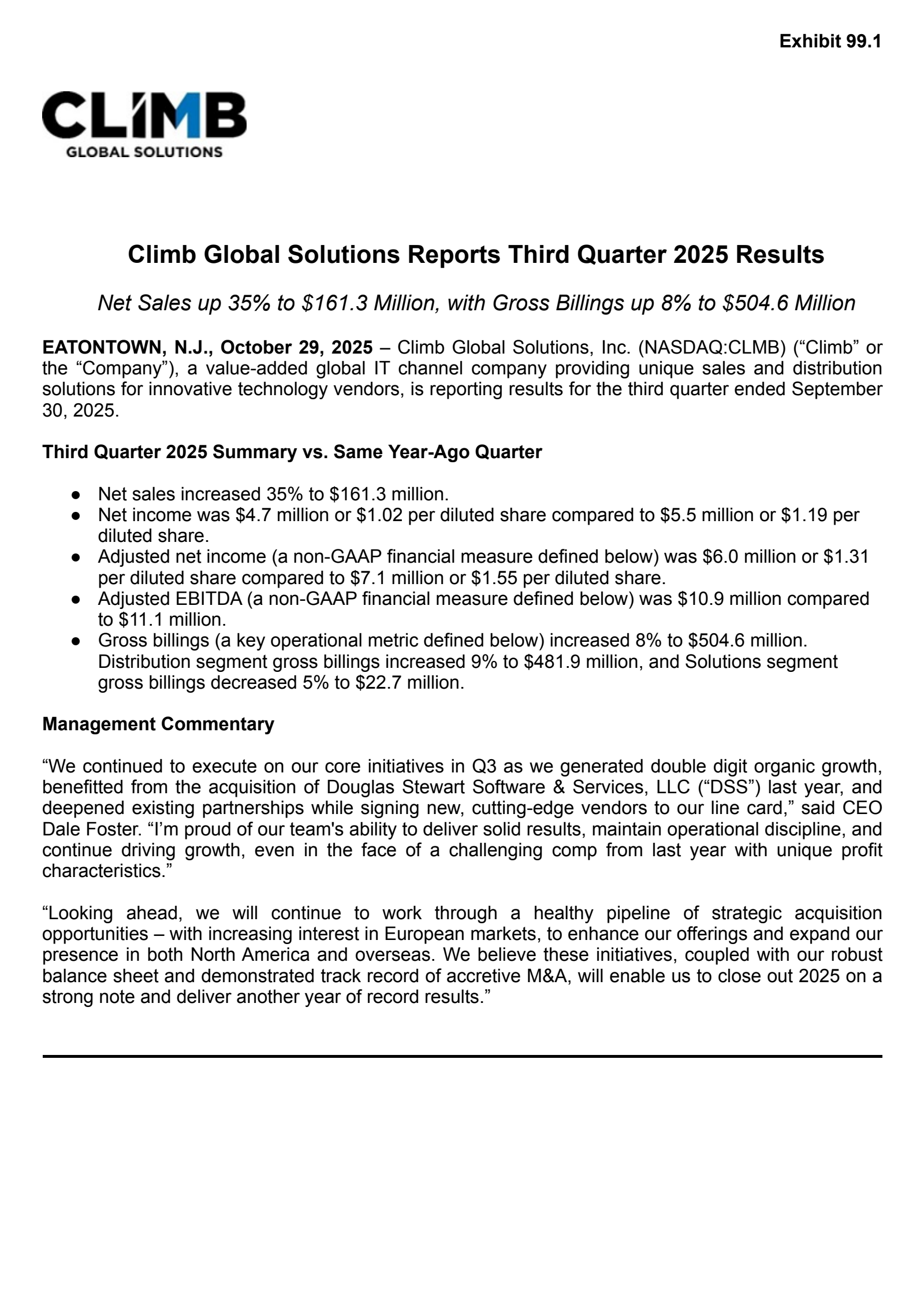Climb Global Solutions' Q3 2025 Earnings Release