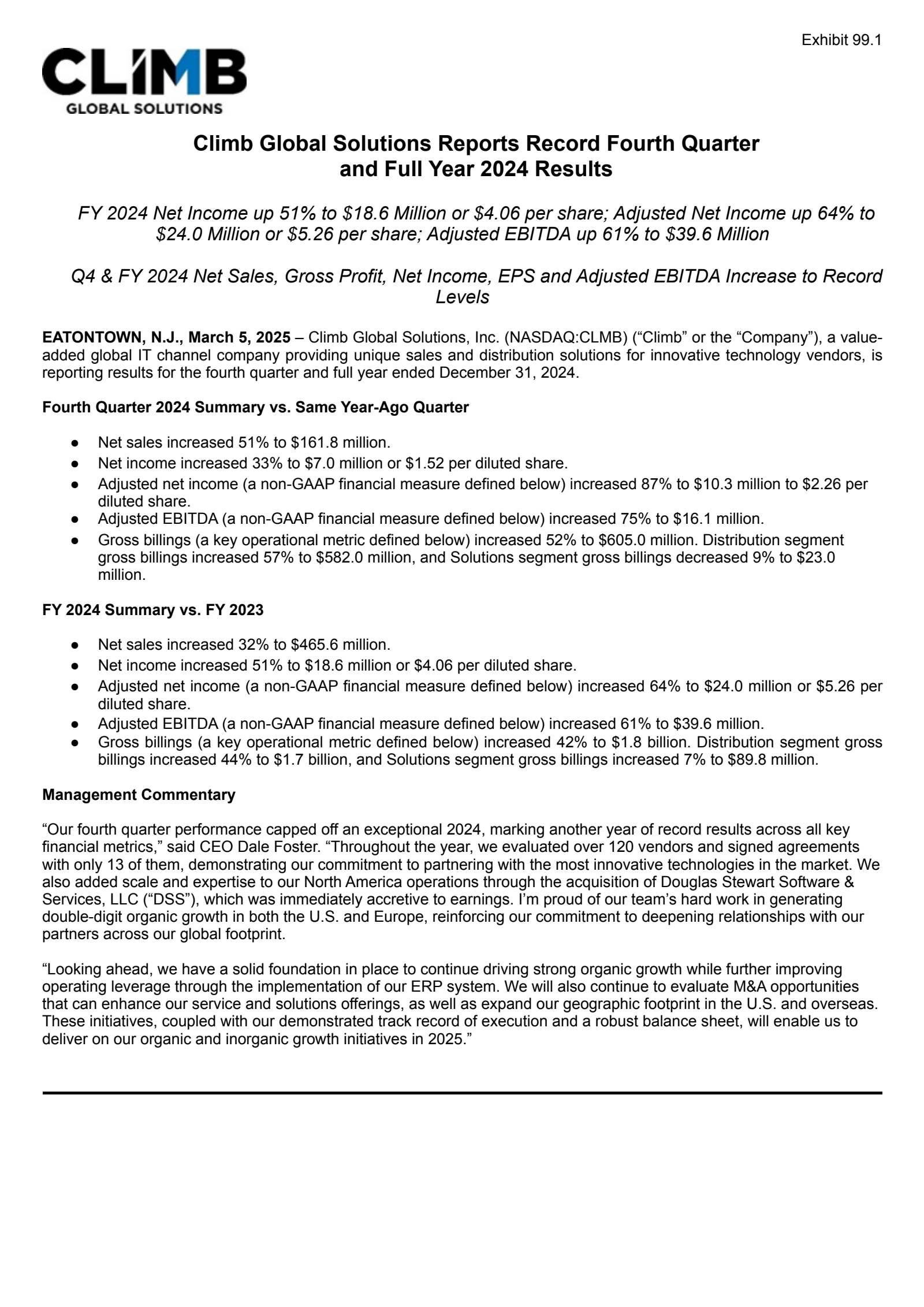 Climb Global Solutions' Q4 2024 Press Release