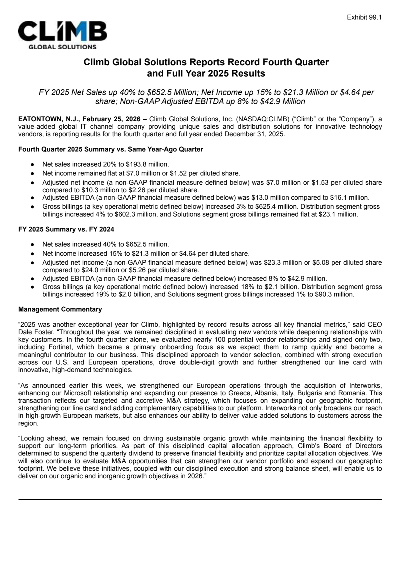 Climb Global Solutions' Q4 2025 Press Release
