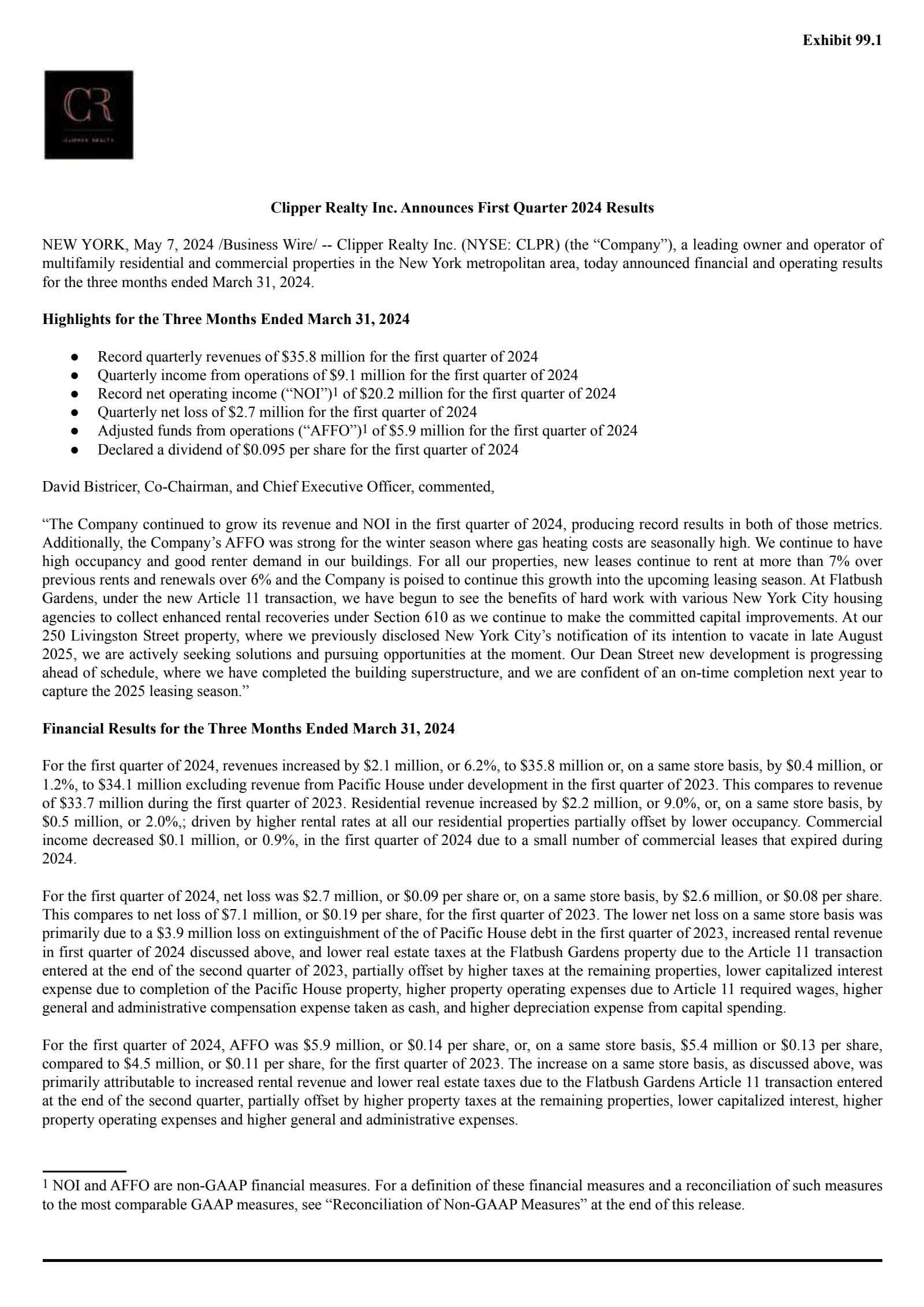 Clipper Realty's Q1 2024 Press Release