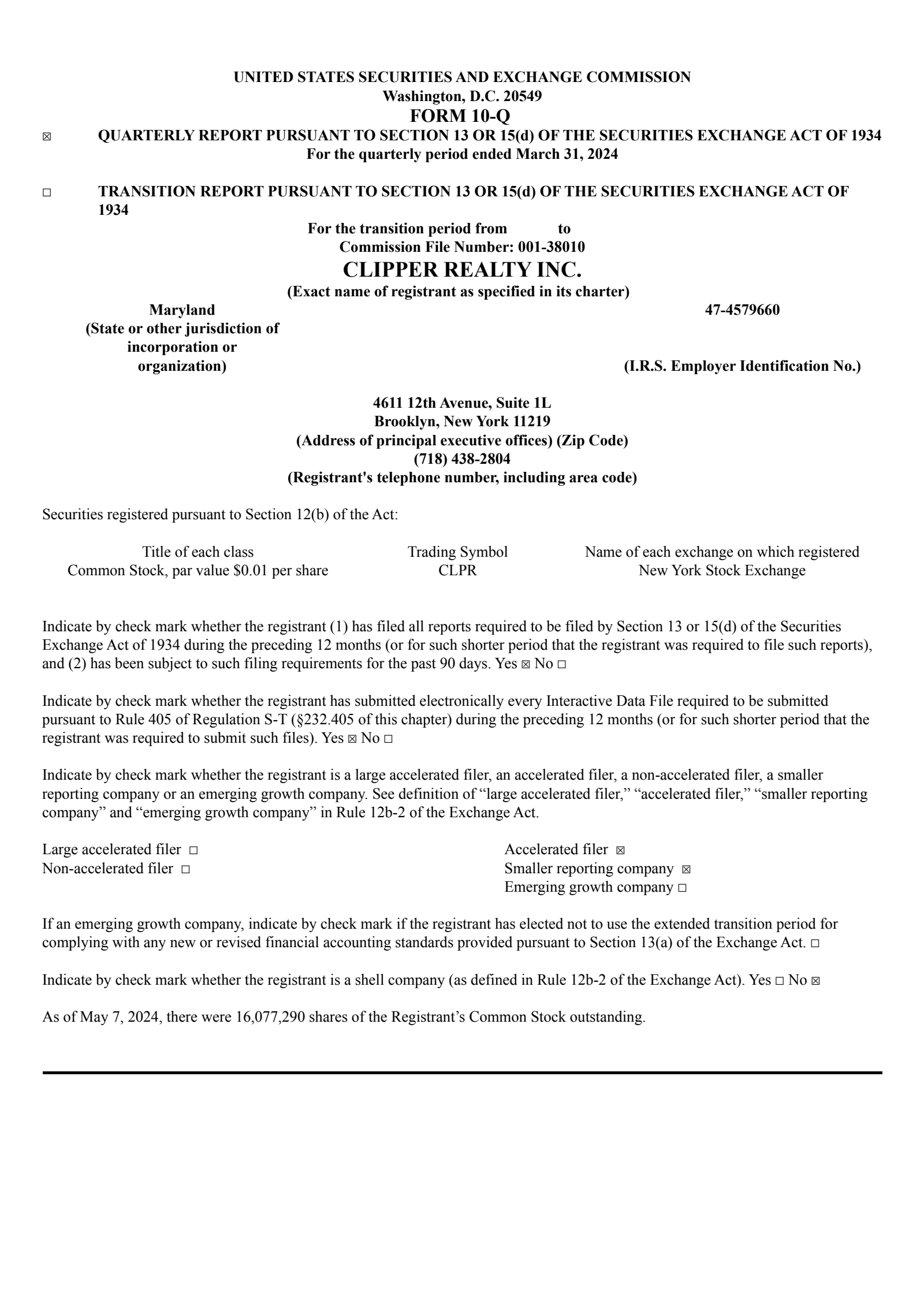 Clipper Realty's Q1 2024 Quarterly report
