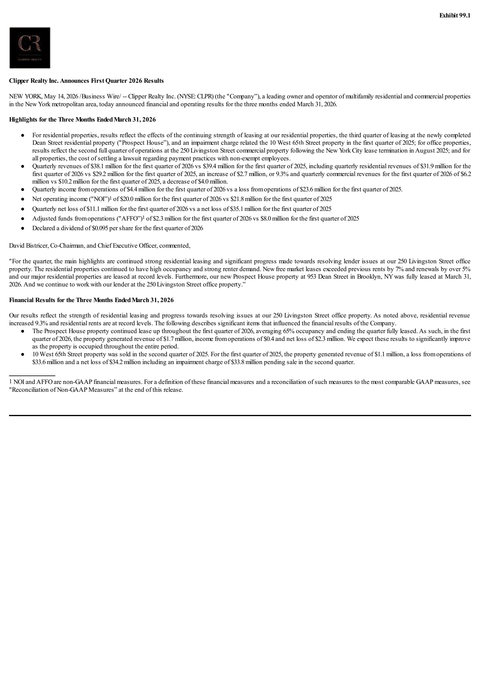 Clipper Realty's Q1 2026 Press Release