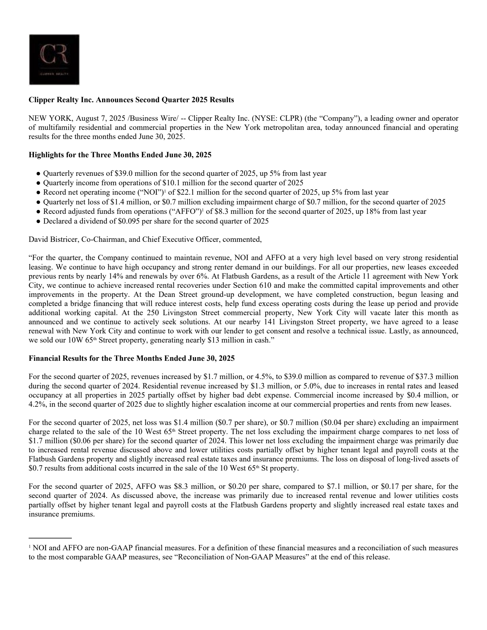 Clipper Realty's Q2 2025 Press Release