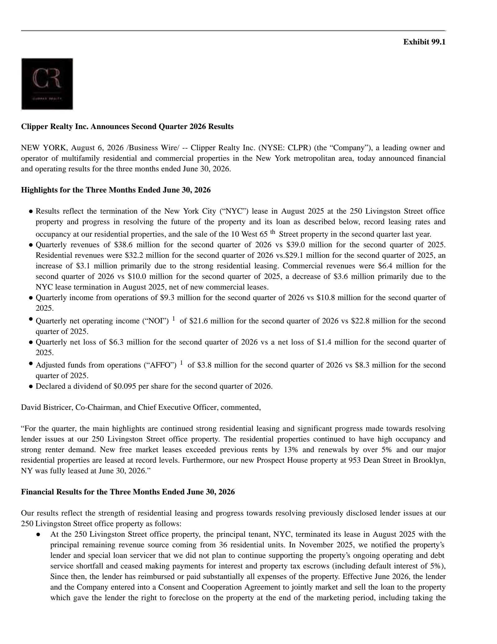Clipper Realty's Q2 2026 Press Release