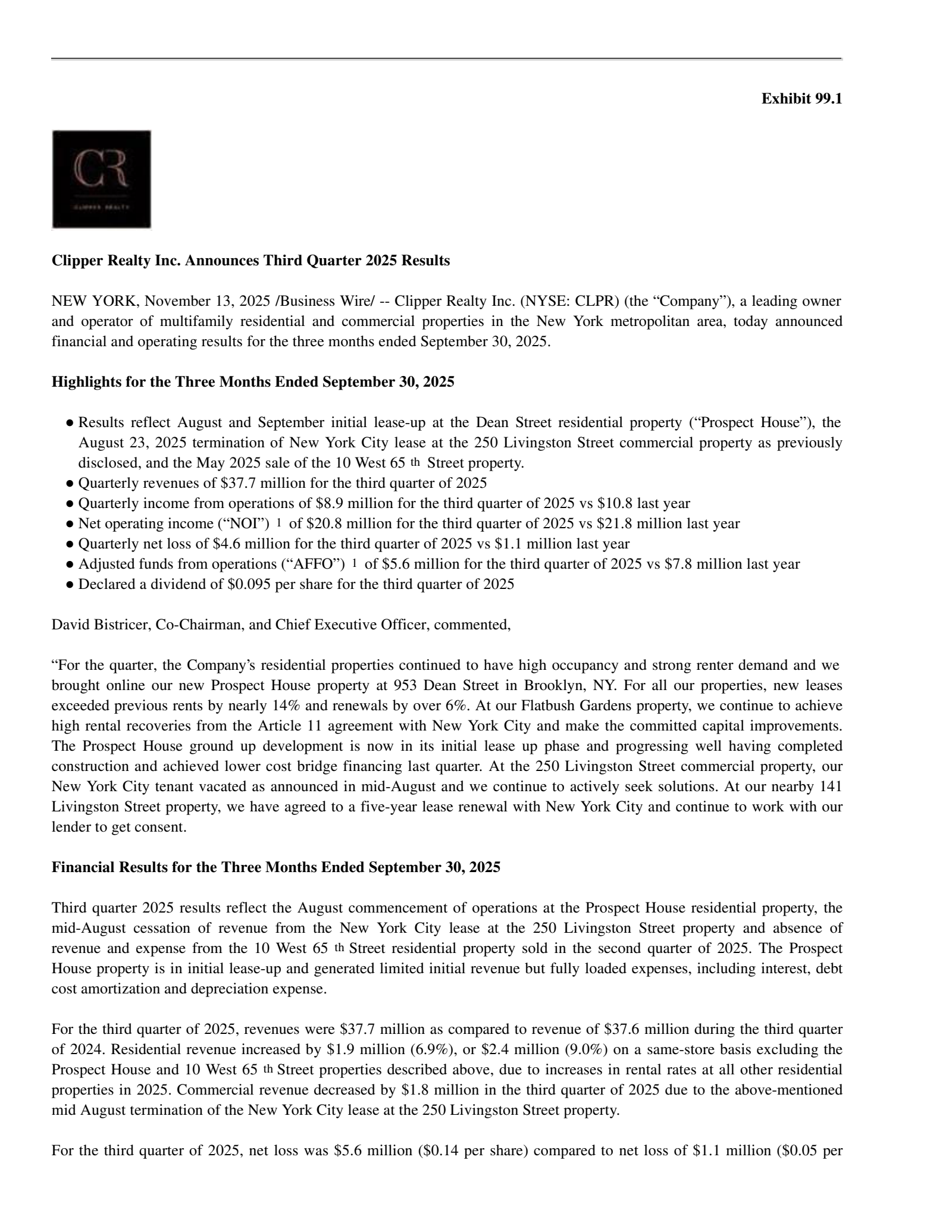 Clipper Realty's Q3 2025 Earnings Release