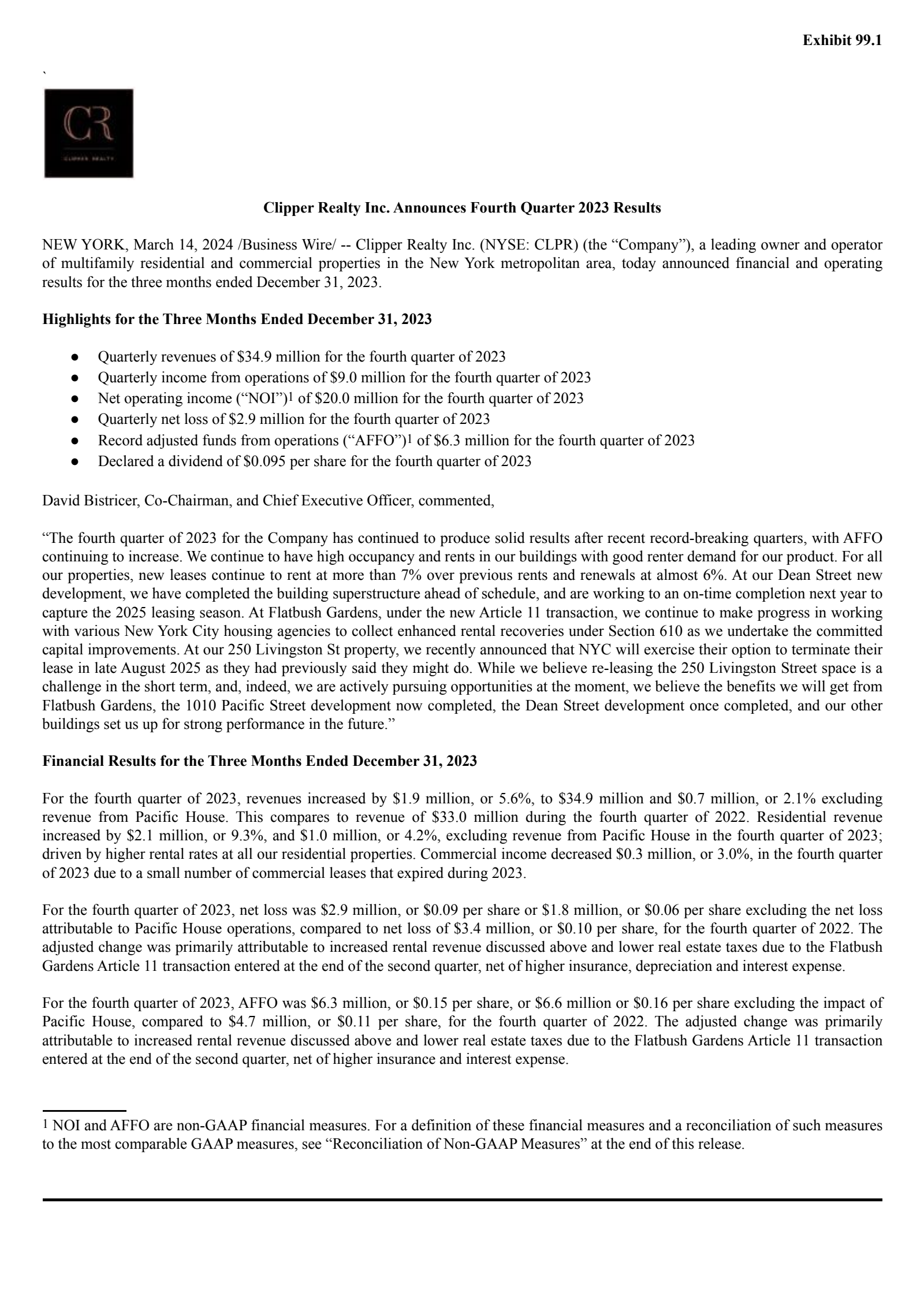 Clipper Realty's Q4 2023 Press Release