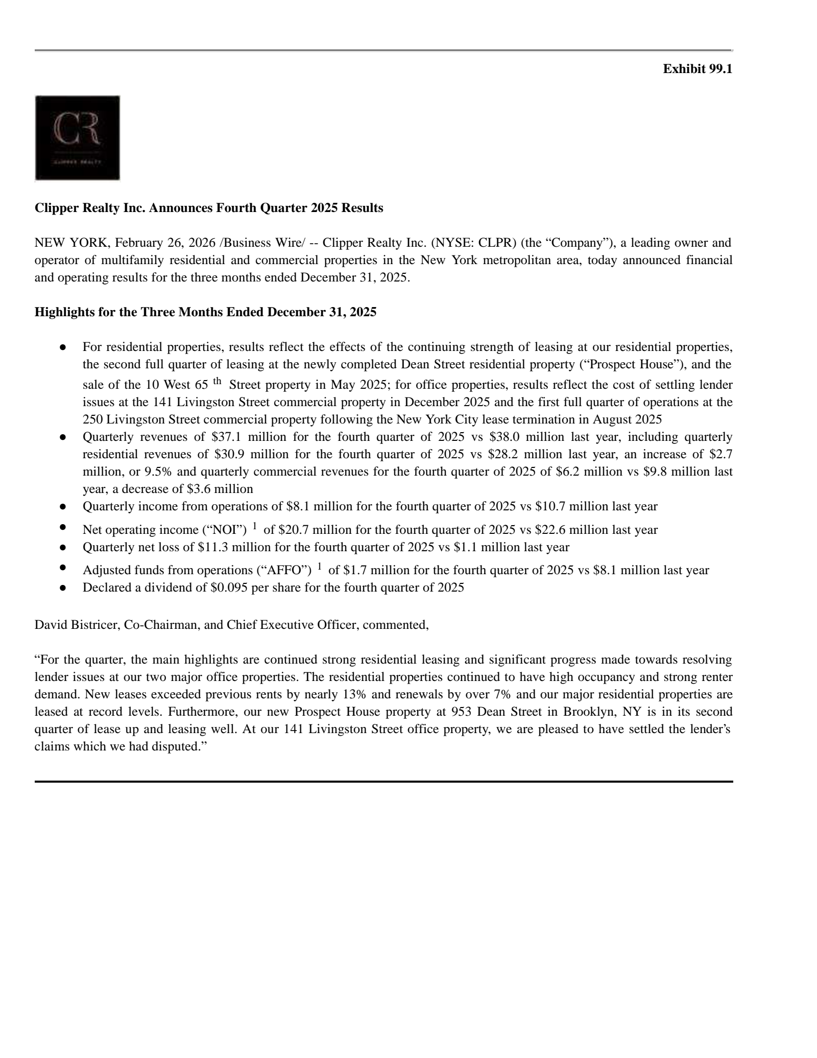 Clipper Realty's Q4 2025 Press Release