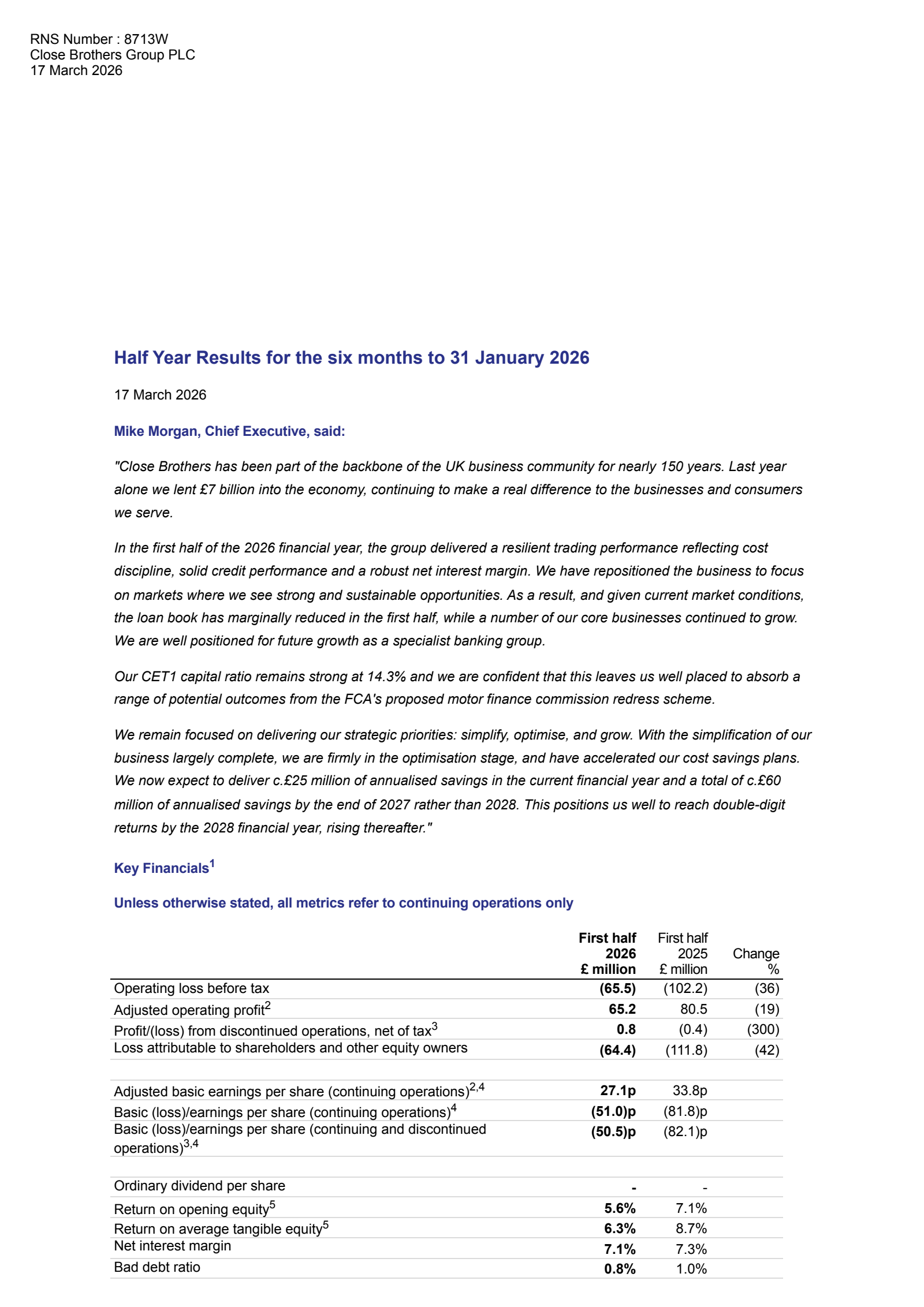 Close Brothers Group's H1 2026 Interim report
