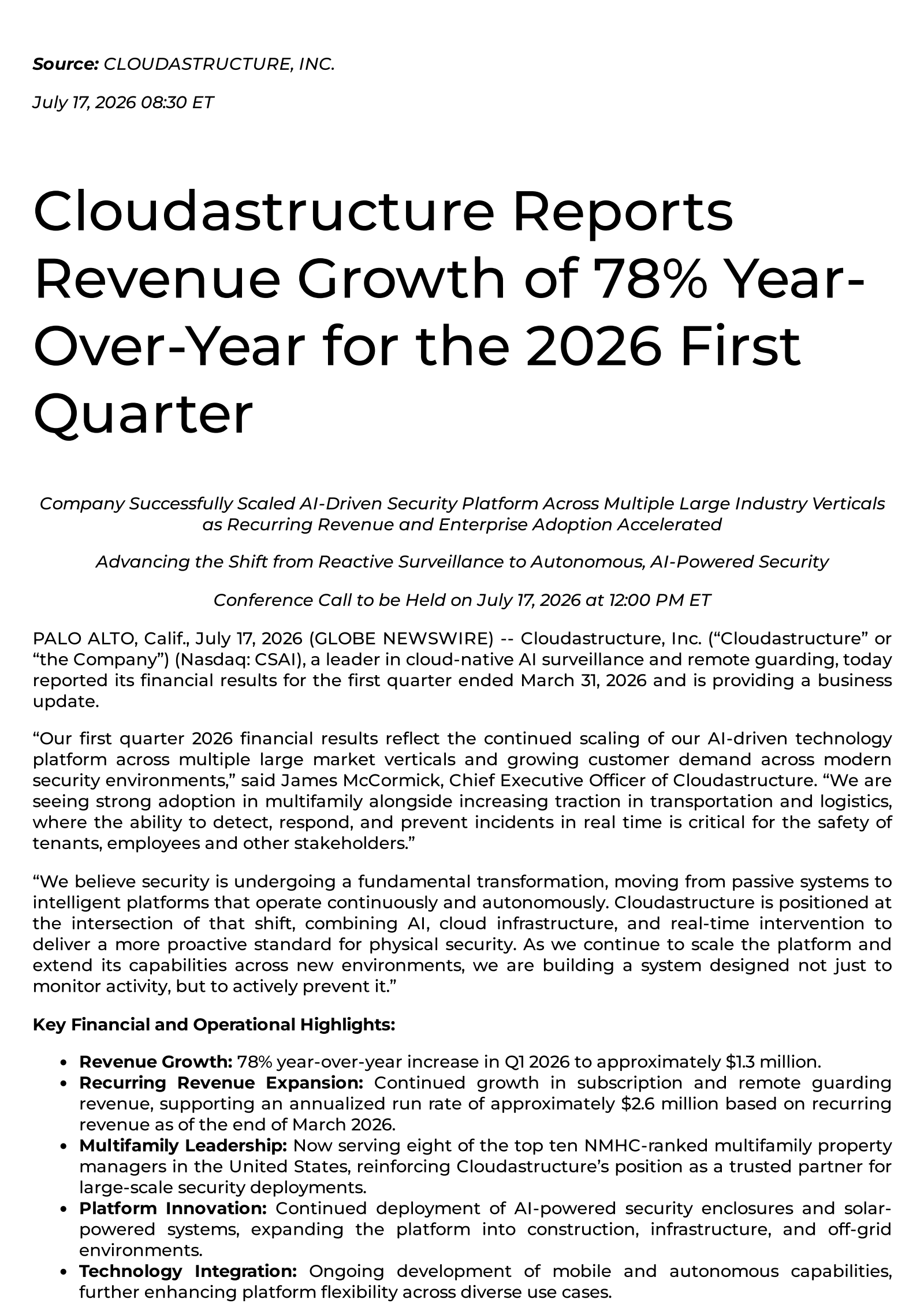 Cloudastructure's Q1 2026 Press Release