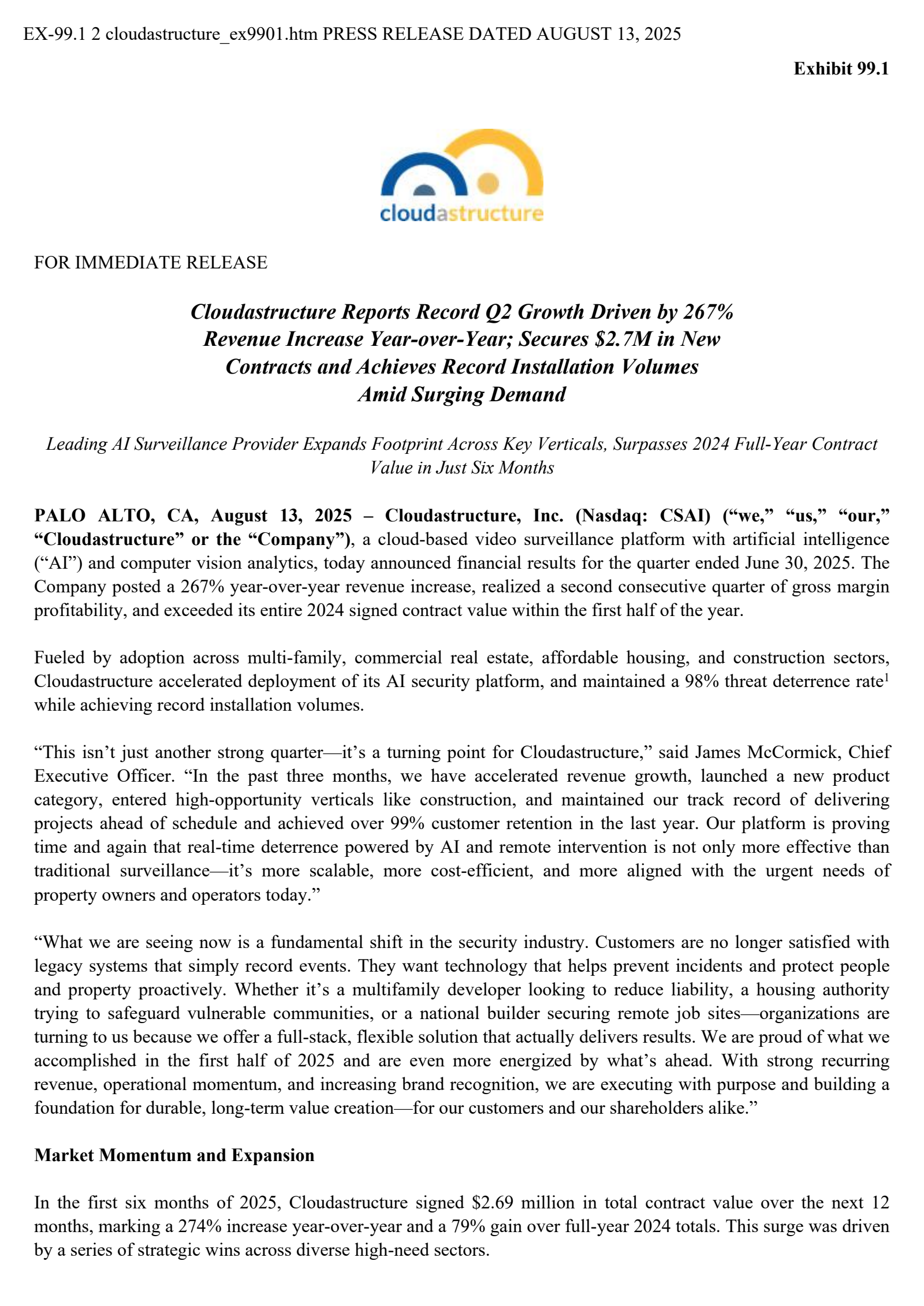 Cloudastructure's Q2 2025 Earnings Release