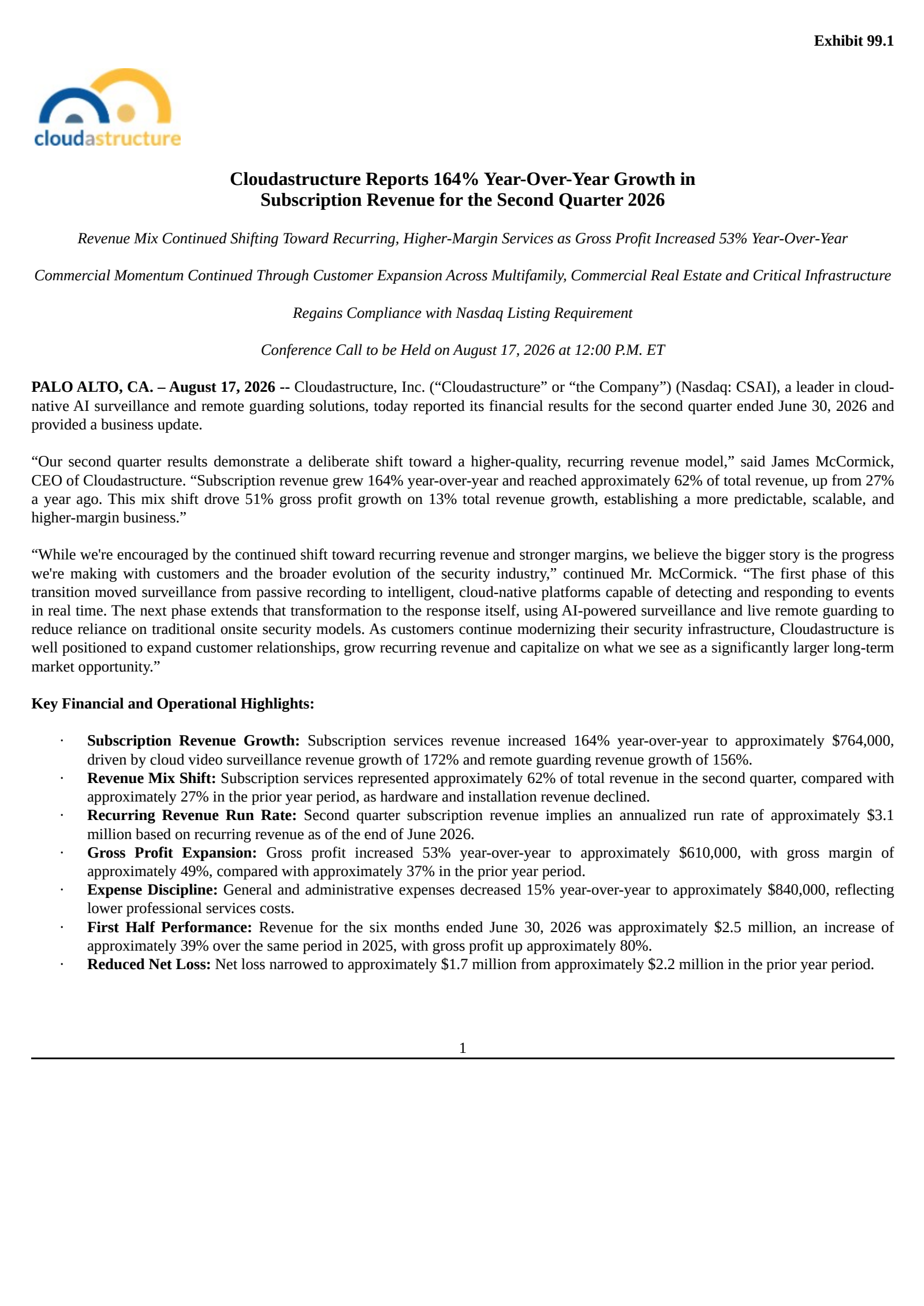 Cloudastructure's Q2 2026 Press Release