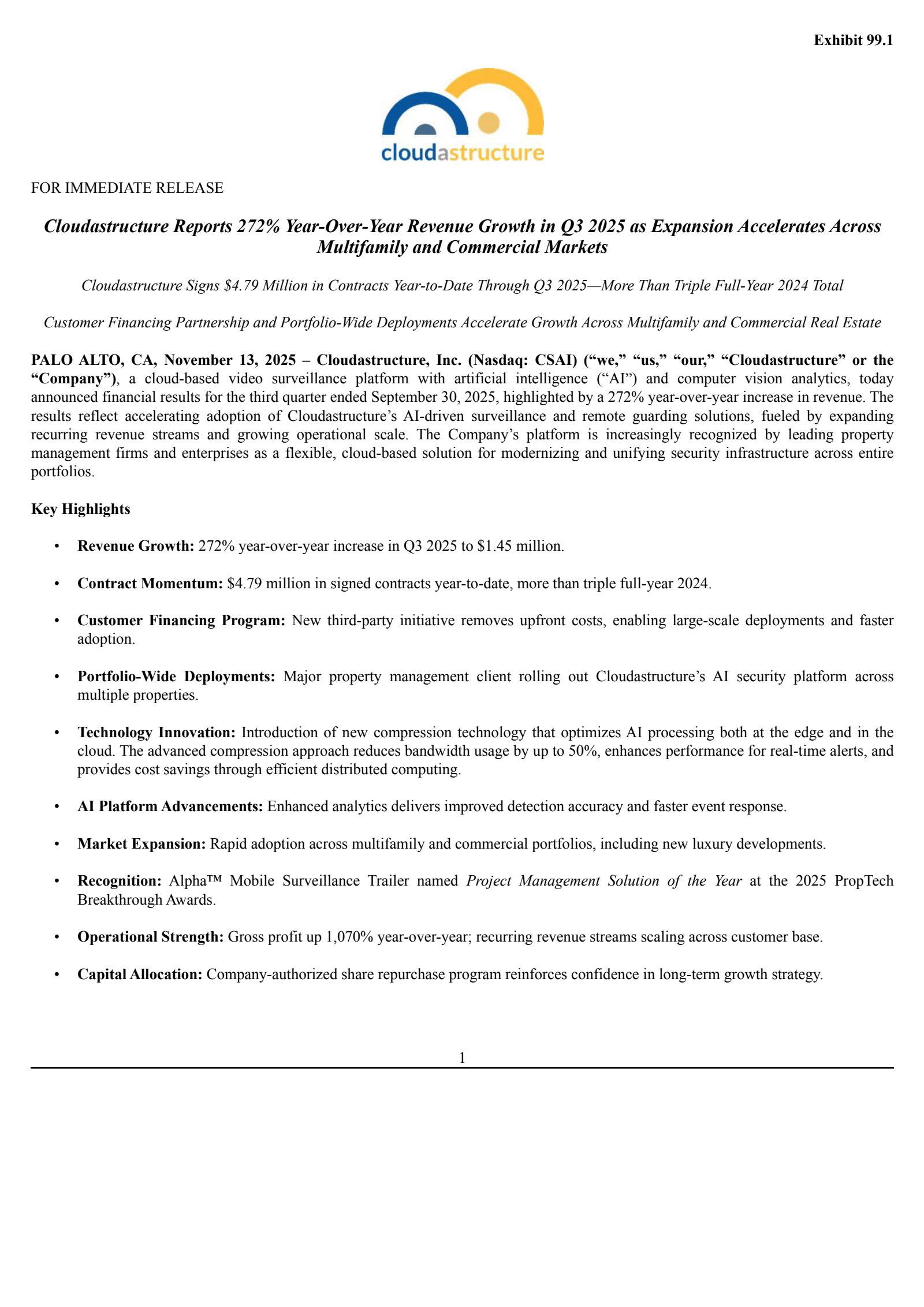 Cloudastructure's Q3 2025 Earnings Release
