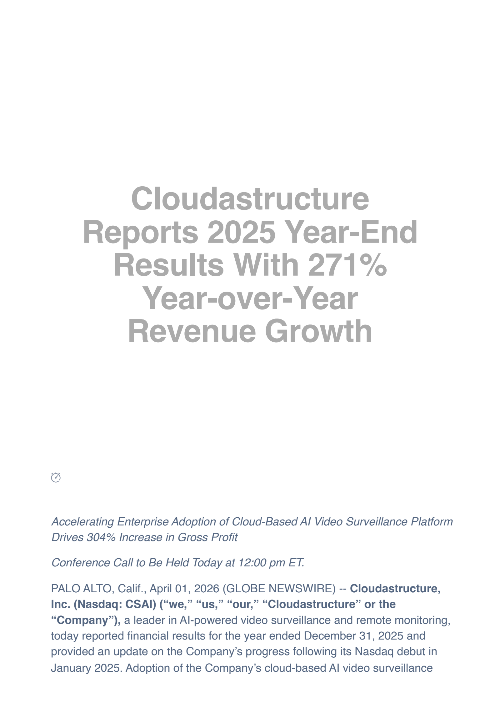 Cloudastructure's Q4 2025 Press Release