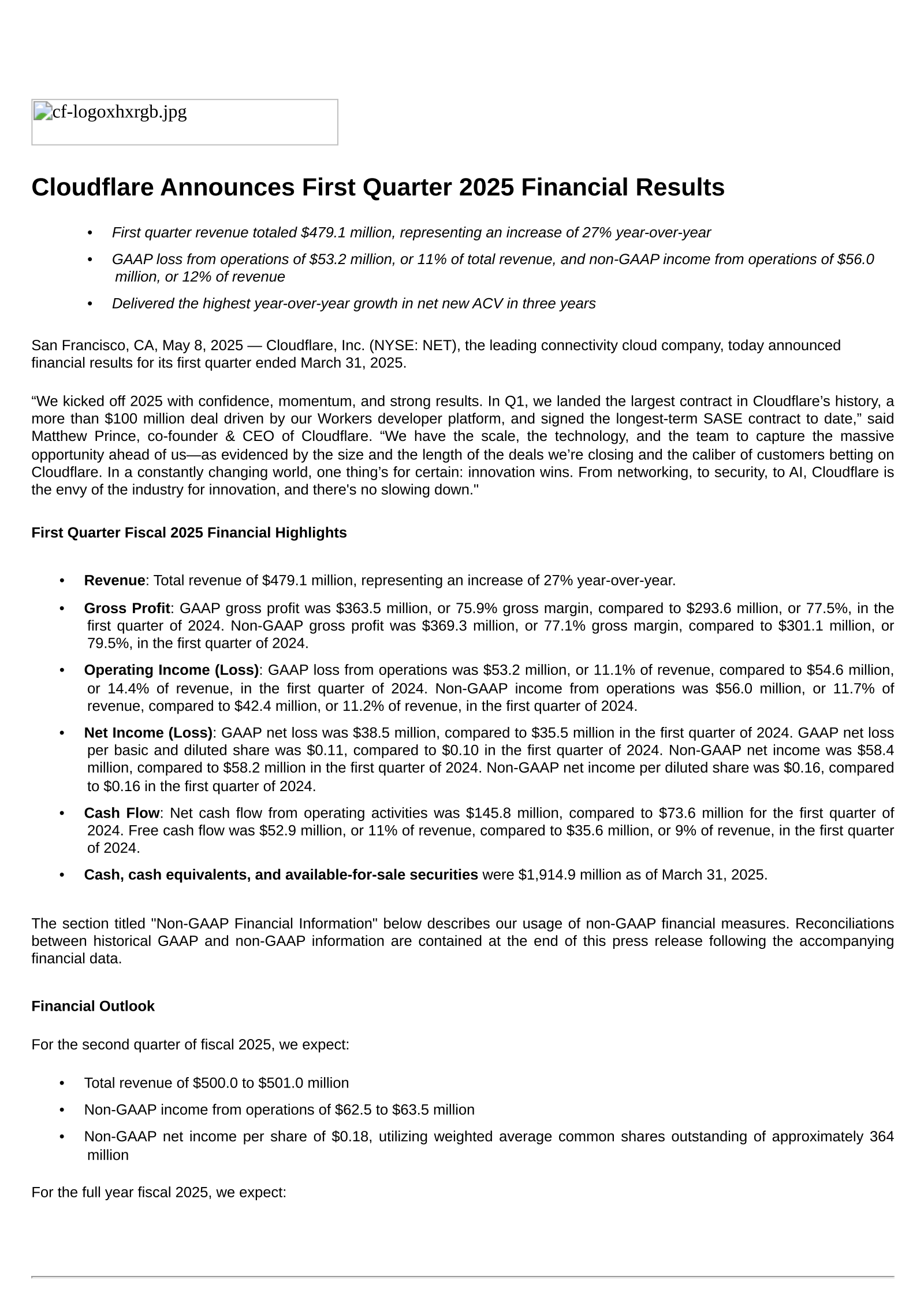 Cloudflare's Q1 2025 Press Release