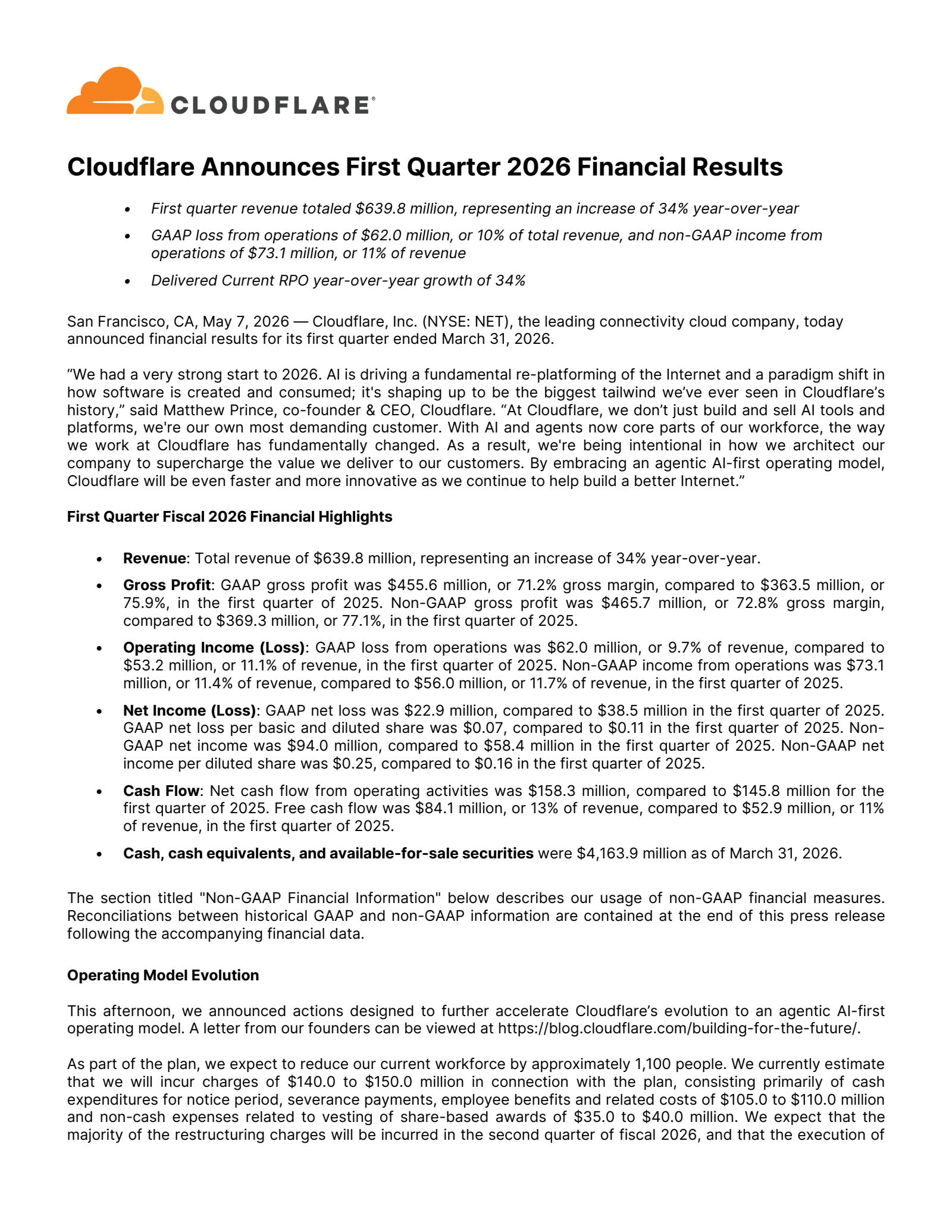 Cloudflare's Q1 2026 Press Release