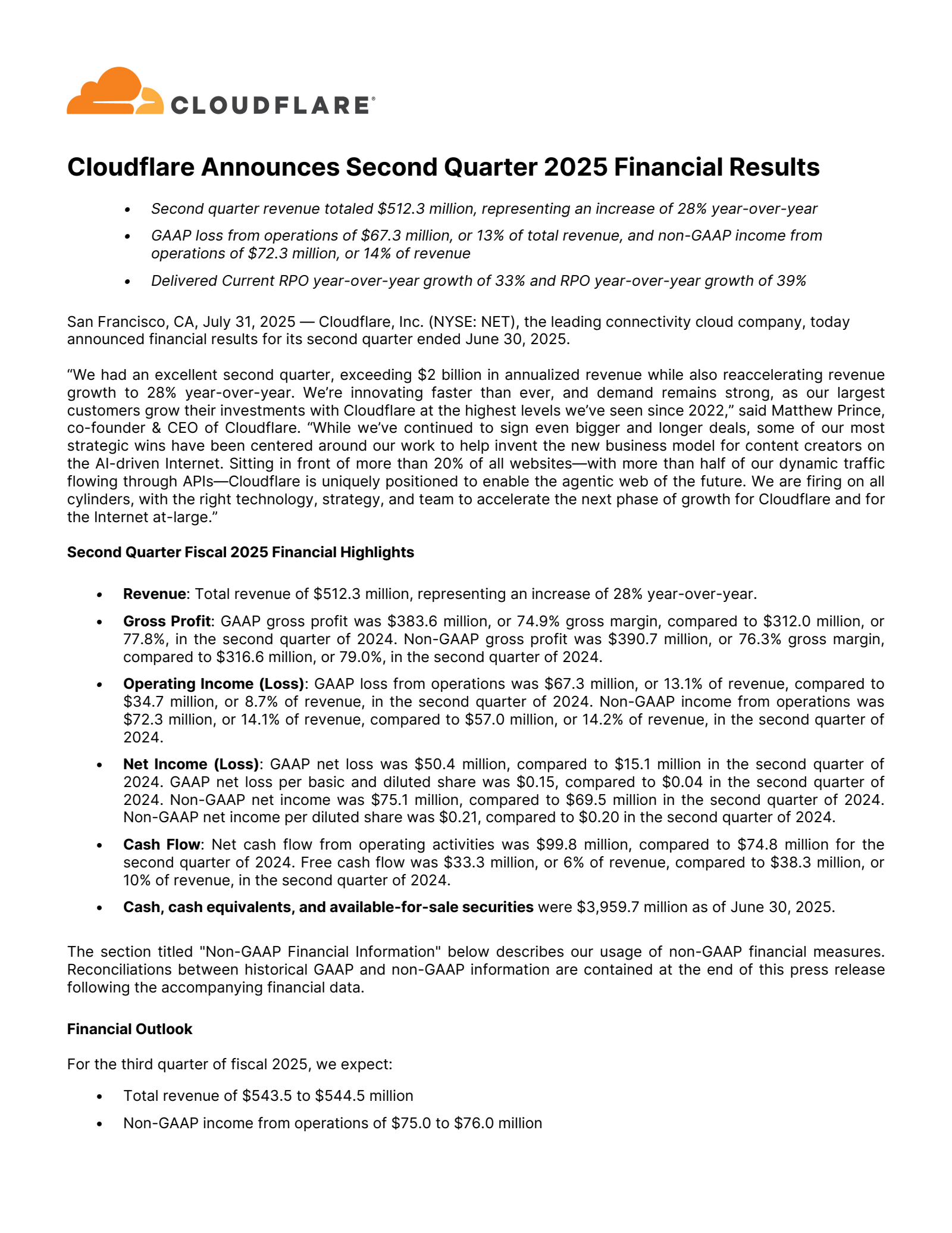 Cloudflare's Q2 2025 Press Release