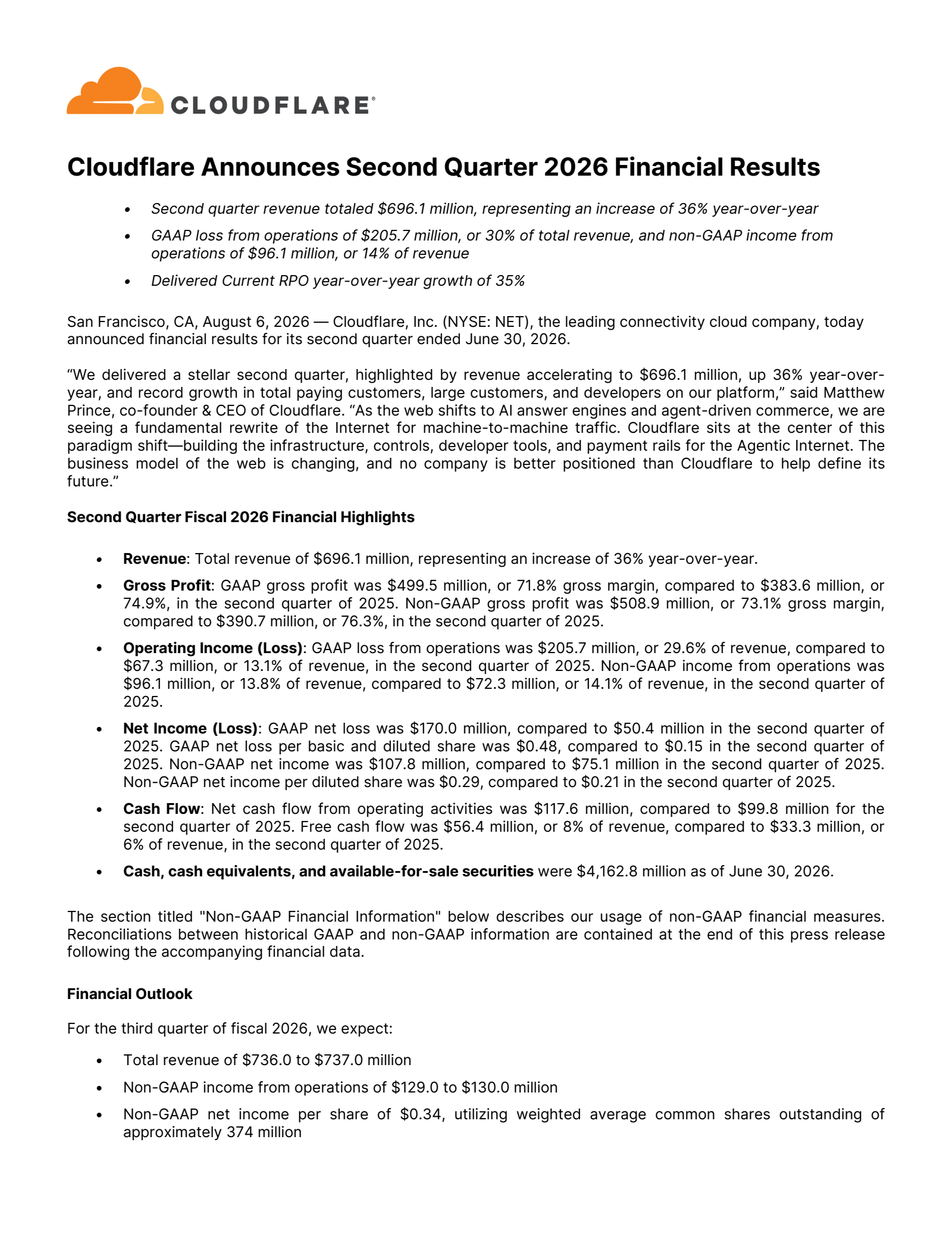 Cloudflare's Q2 2026 Press Release