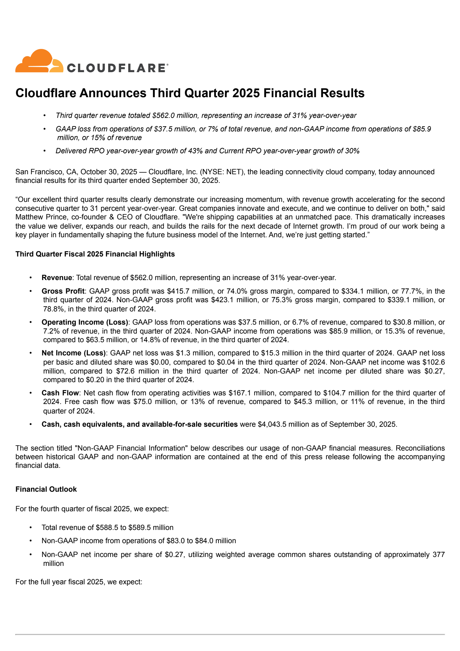 Cloudflare's Q3 2025 Earnings Release