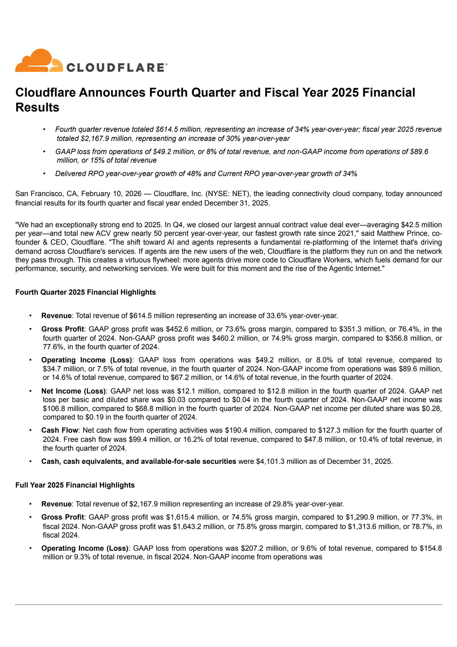 Cloudflare's Q4 2025 Press Release