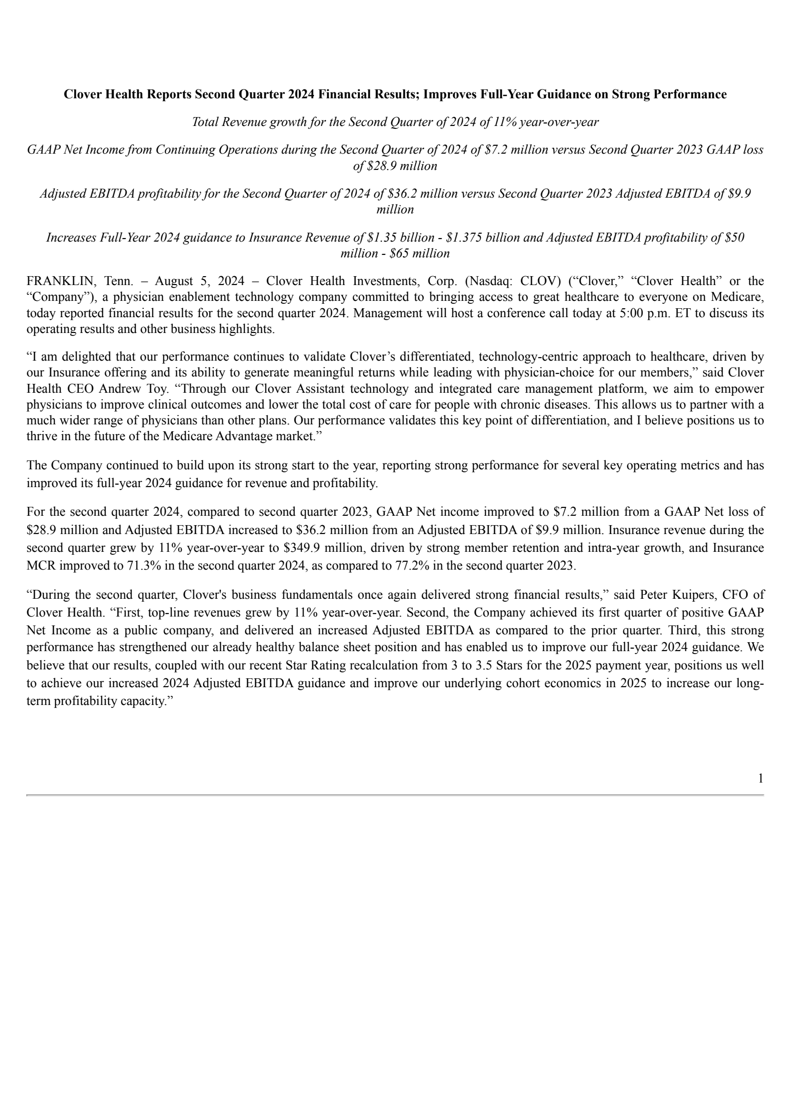 Clover Health Investments' Q2 2024 Press Release