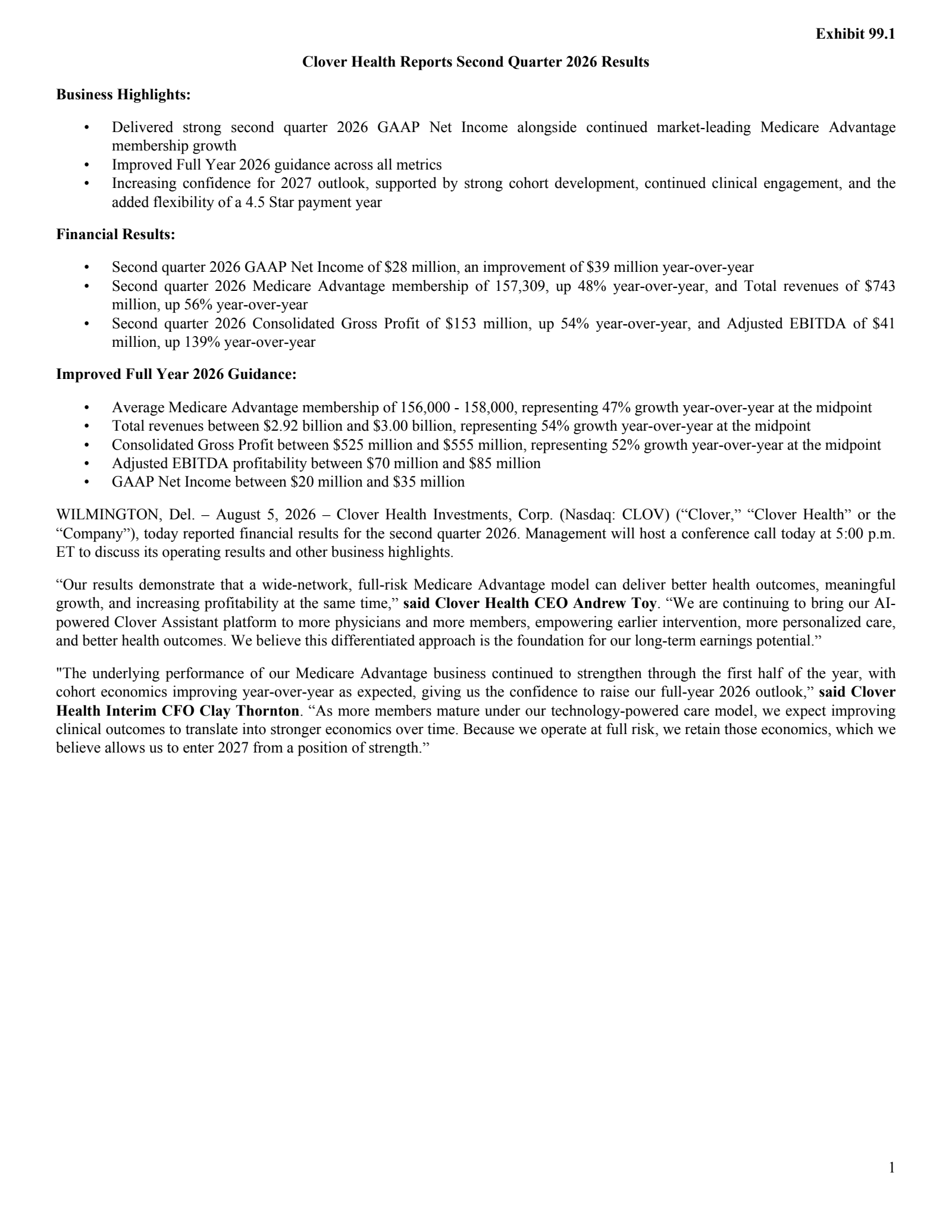 Clover Health Investments' Q2 2026 Press Release