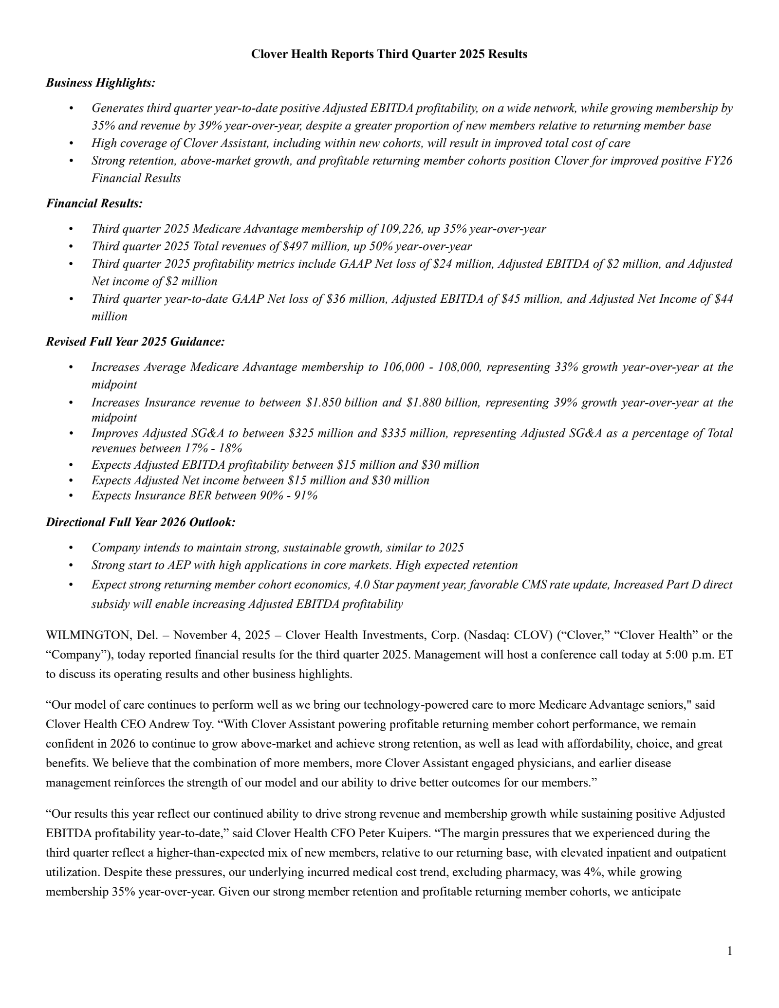 Clover Health Investments' Q3 2025 Earnings Release