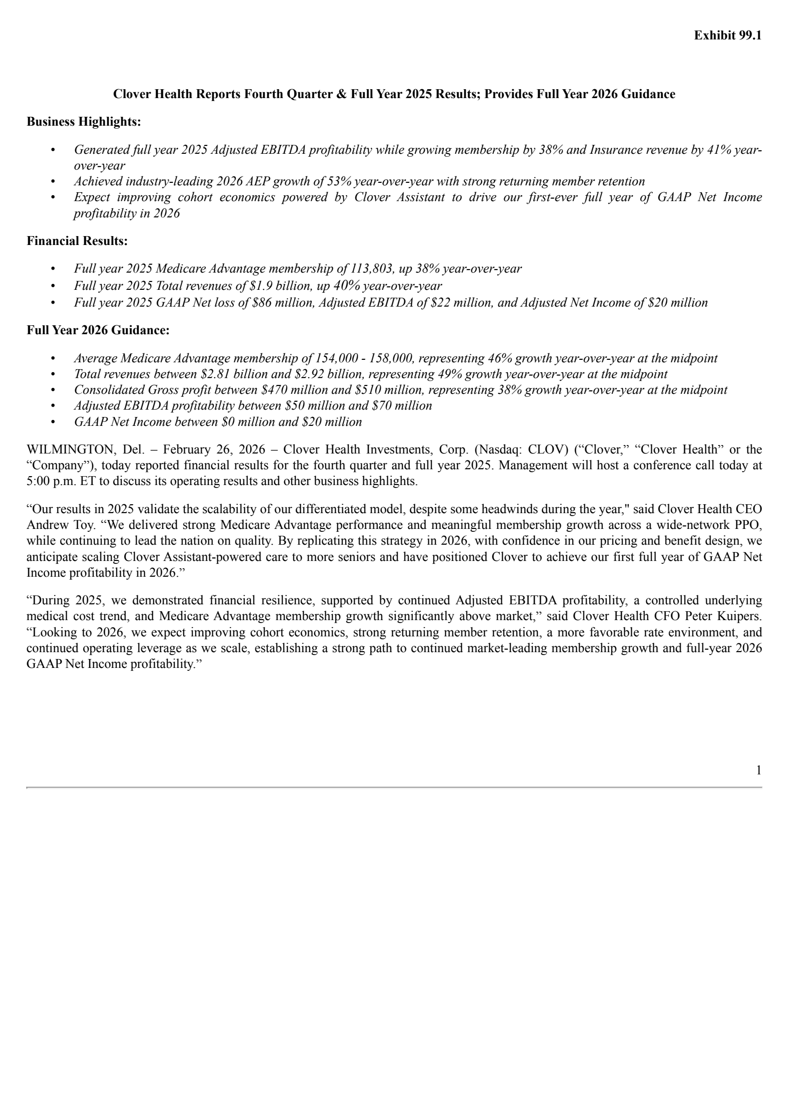 Clover Health Investments' Q4 2025 Press Release