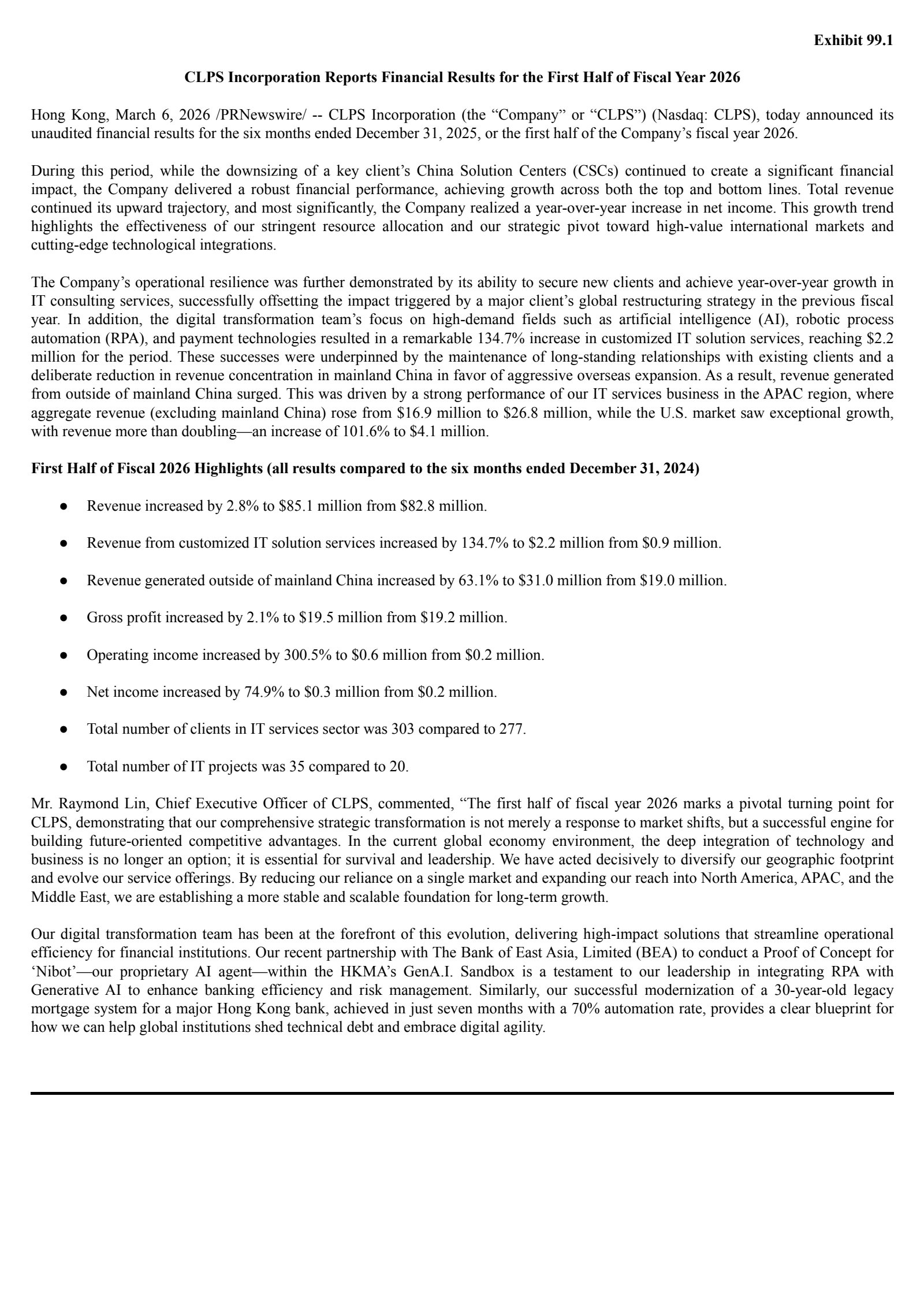 CLPS Incorporation's H1 2026 Press Release
