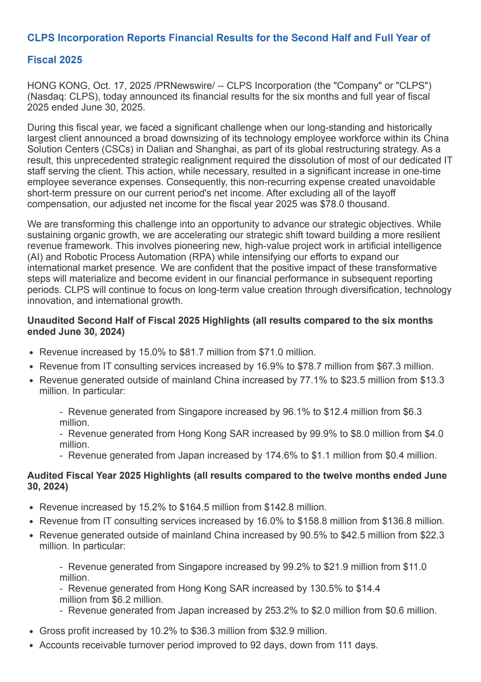 CLPS Incorporation's H2 2025 Press Release