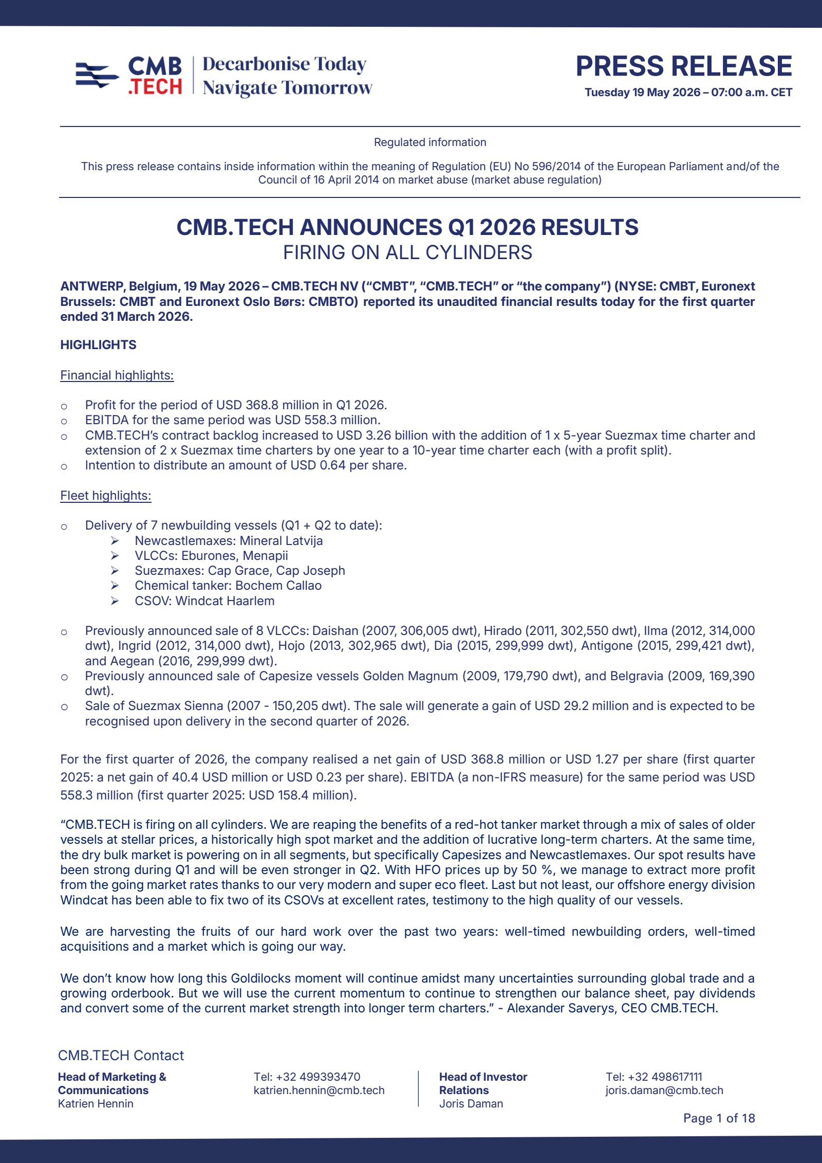 CMB.TECH's Q1 2026 Press Release