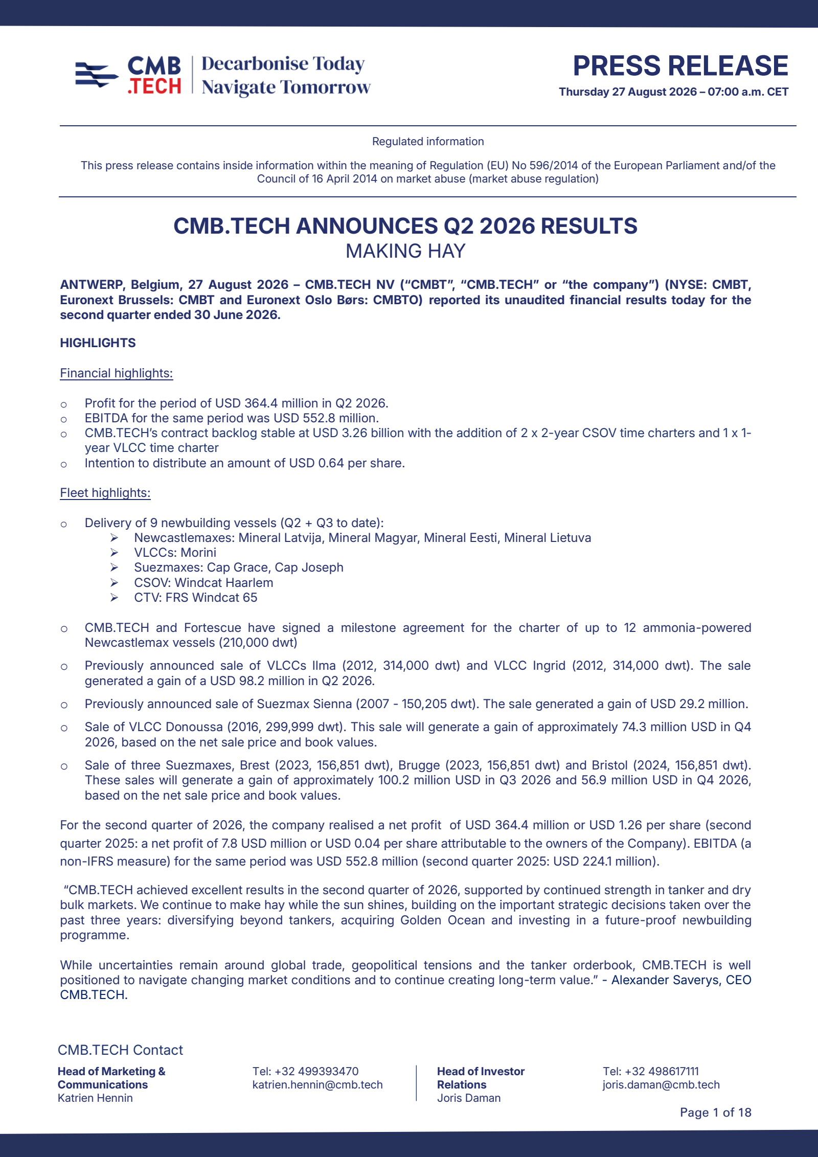 CMB.TECH's Q2 2026 Press Release