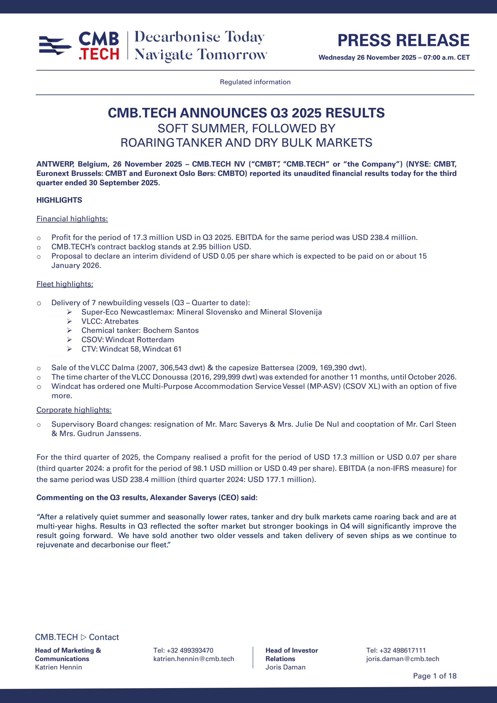 CMB.TECH's Q3 2025 Earnings Release