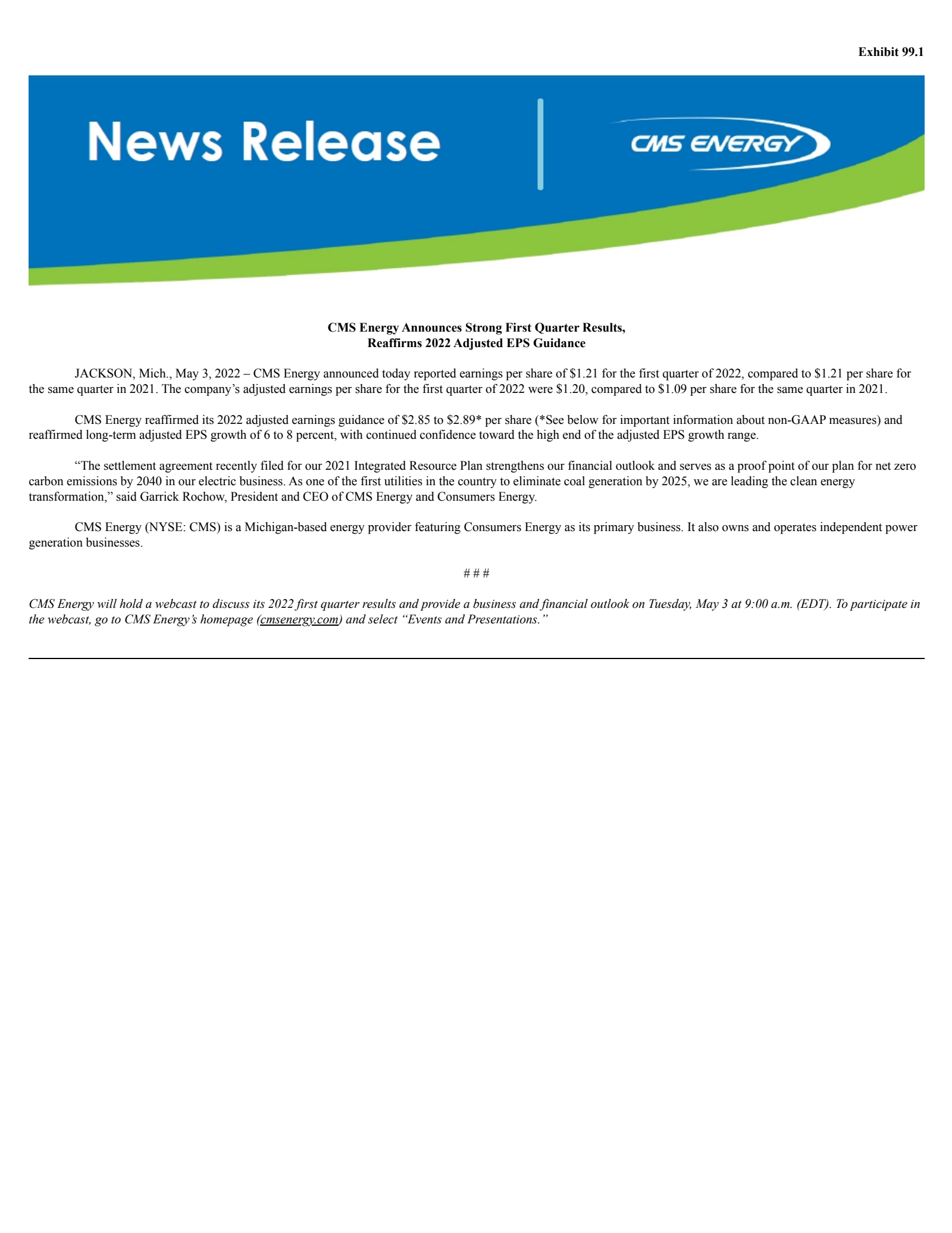CMS Energy's Q1 2022 Press Release