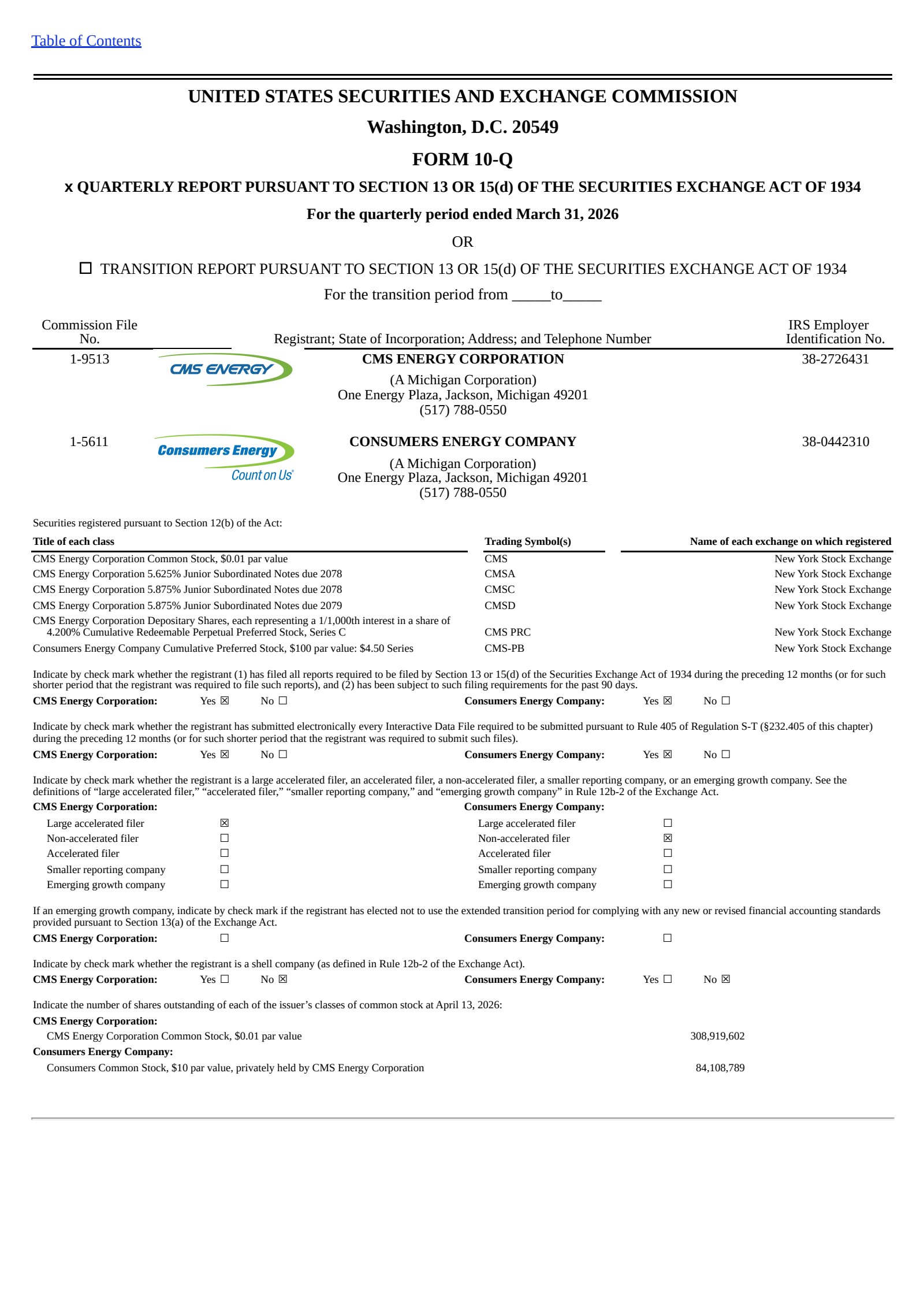 CMS Energy's Q1 2026 Quarterly report