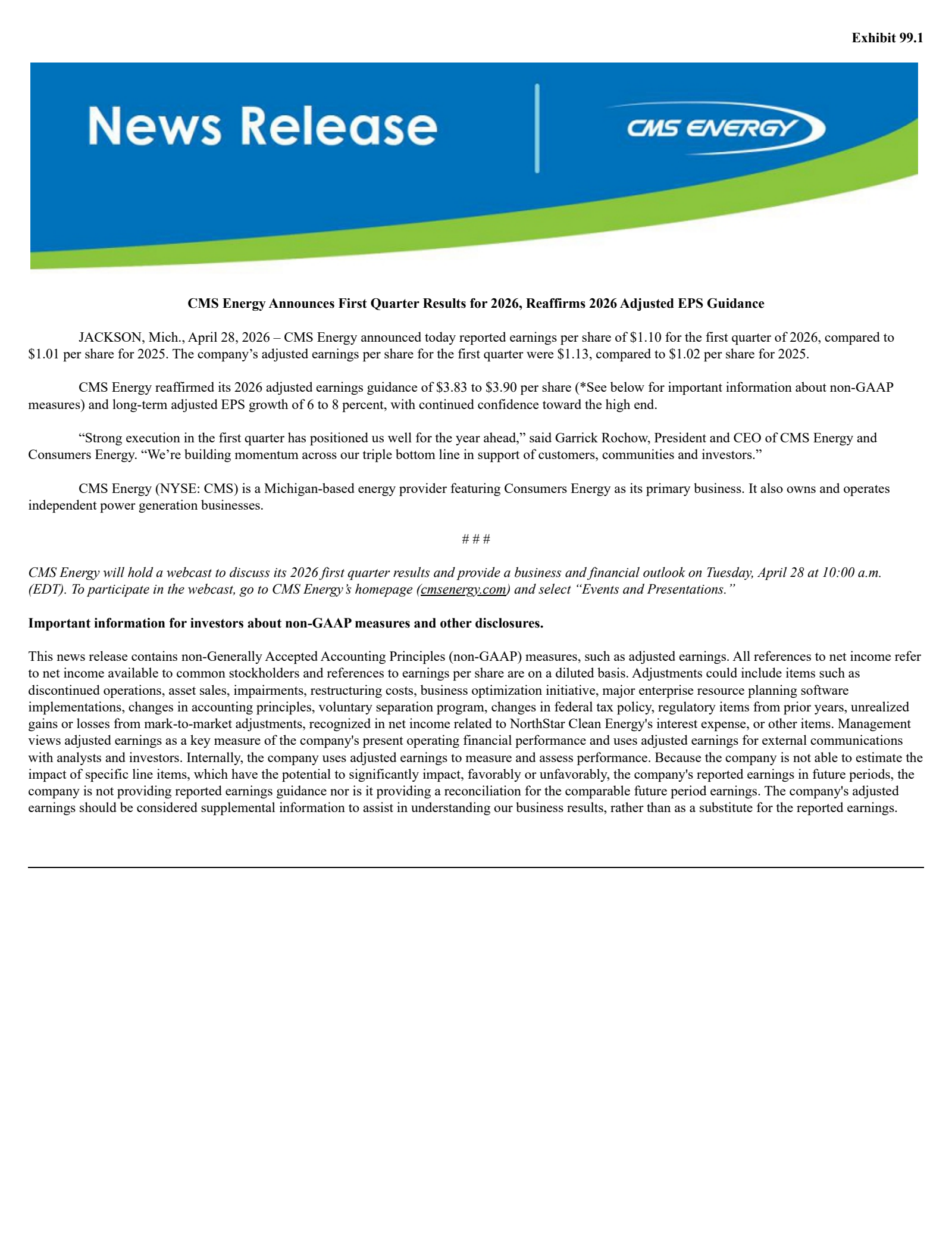 CMS Energy's Q1 2026 Press Release