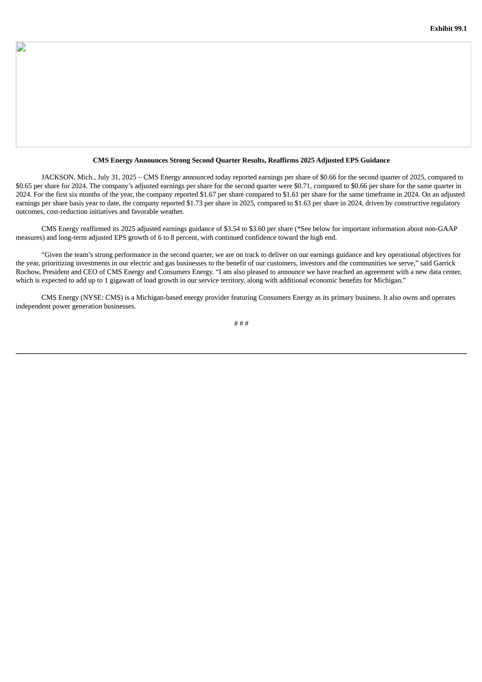 CMS Energy's Q2 2025 Press Release