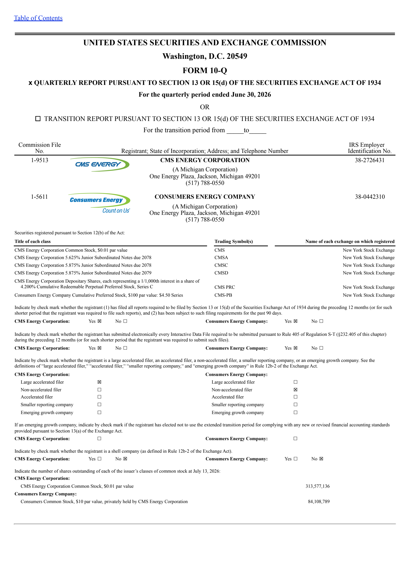 CMS Energy's Q2 2026 Quarterly report