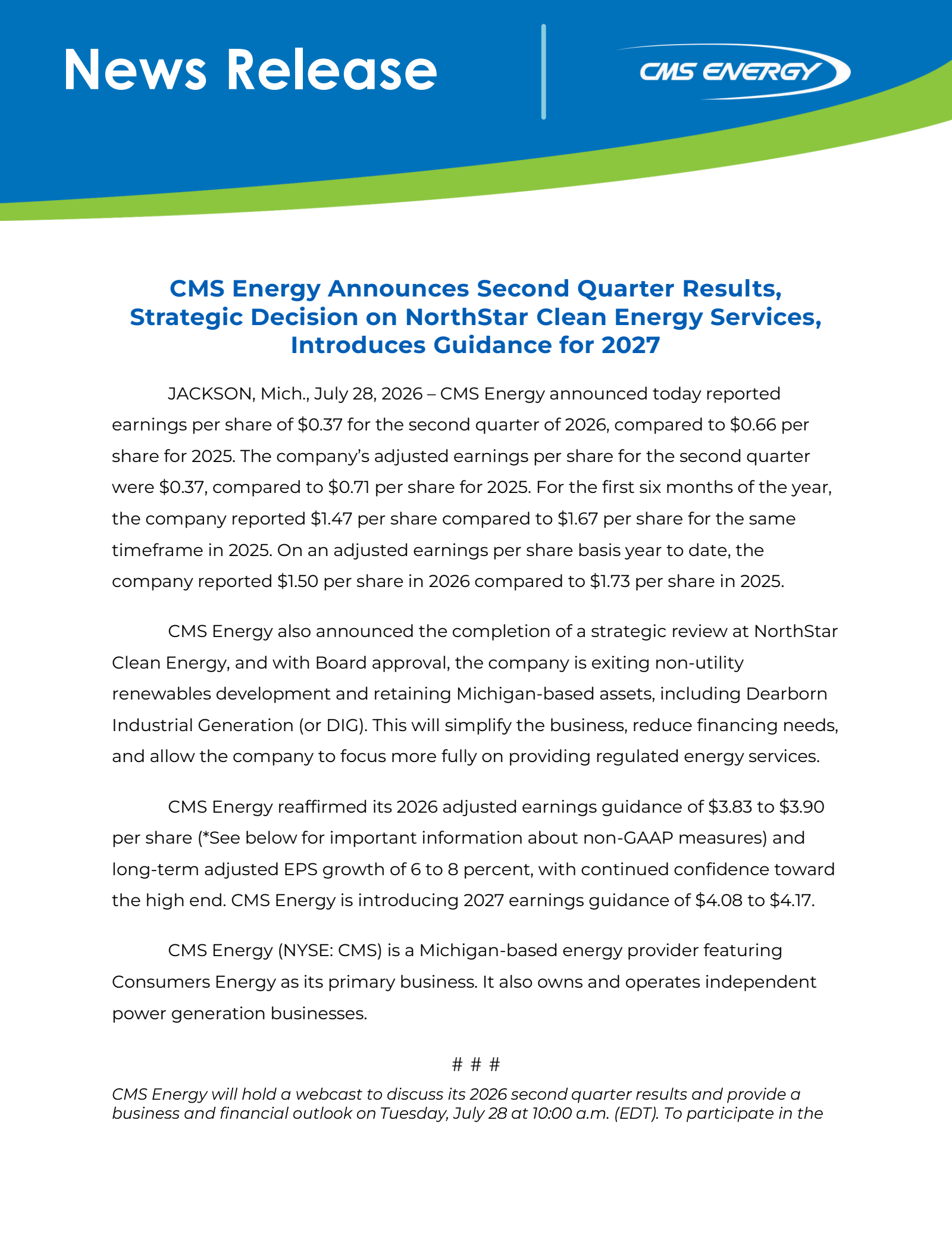 CMS Energy's Q2 2026 Press Release