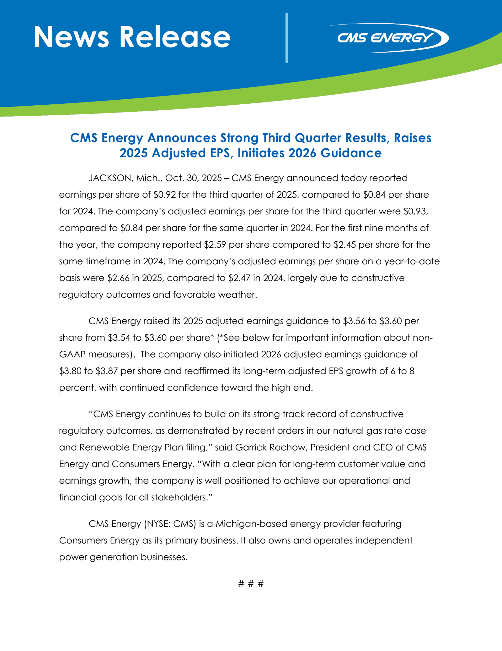 CMS Energy's Q3 2025 Earnings Release