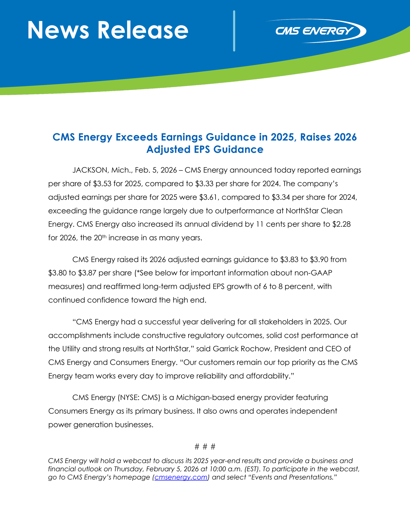 CMS Energy's Q4 2025 Press Release