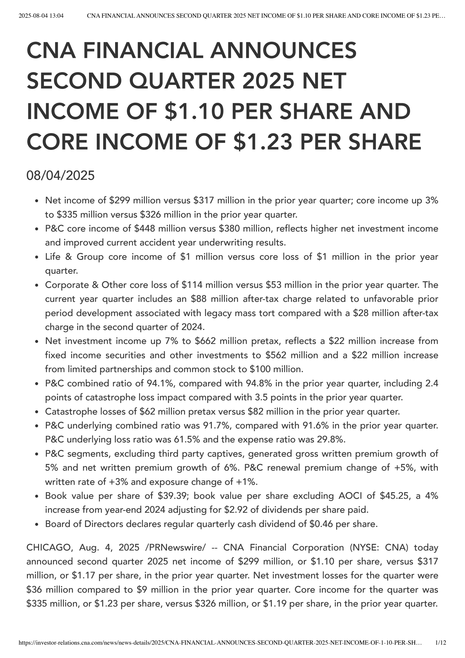 CNA Financial's Q2 2025 Press Release