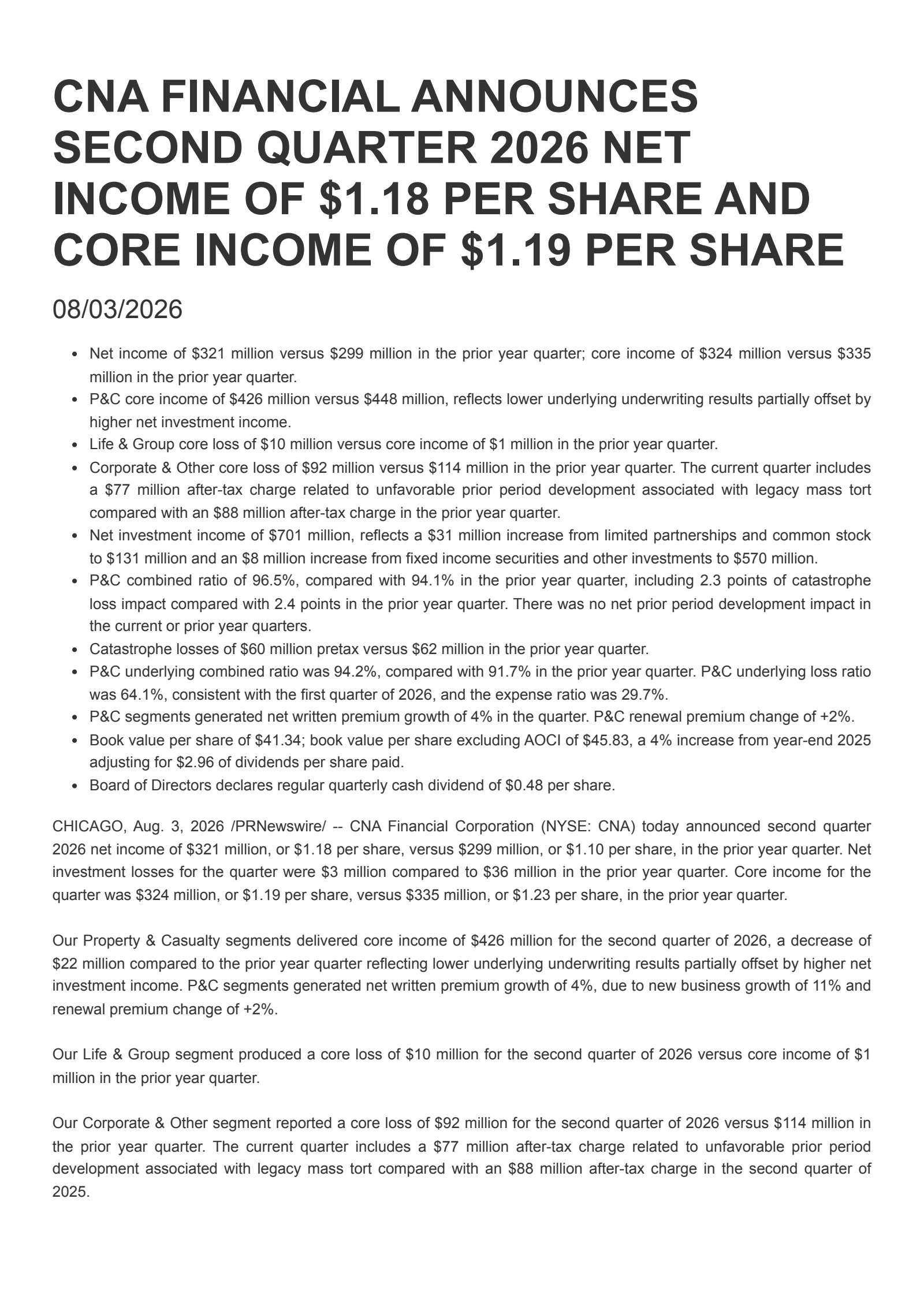 CNA Financial's Q2 2026 Press Release